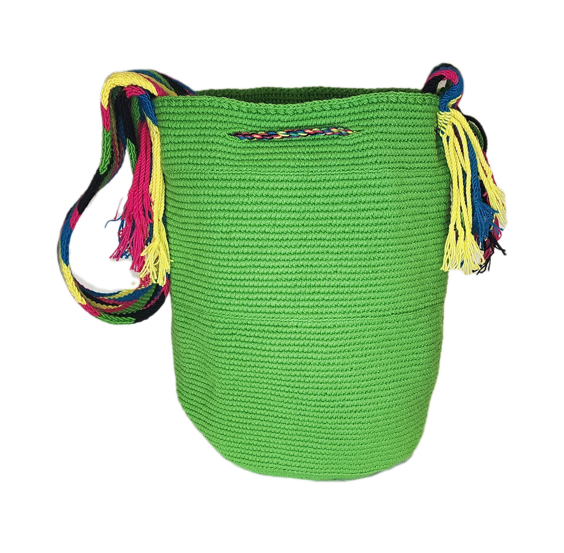 "Colorful handmade crochet bags by Wayuu women of Colombia, featuring vibrant, culturally symbolic designs."