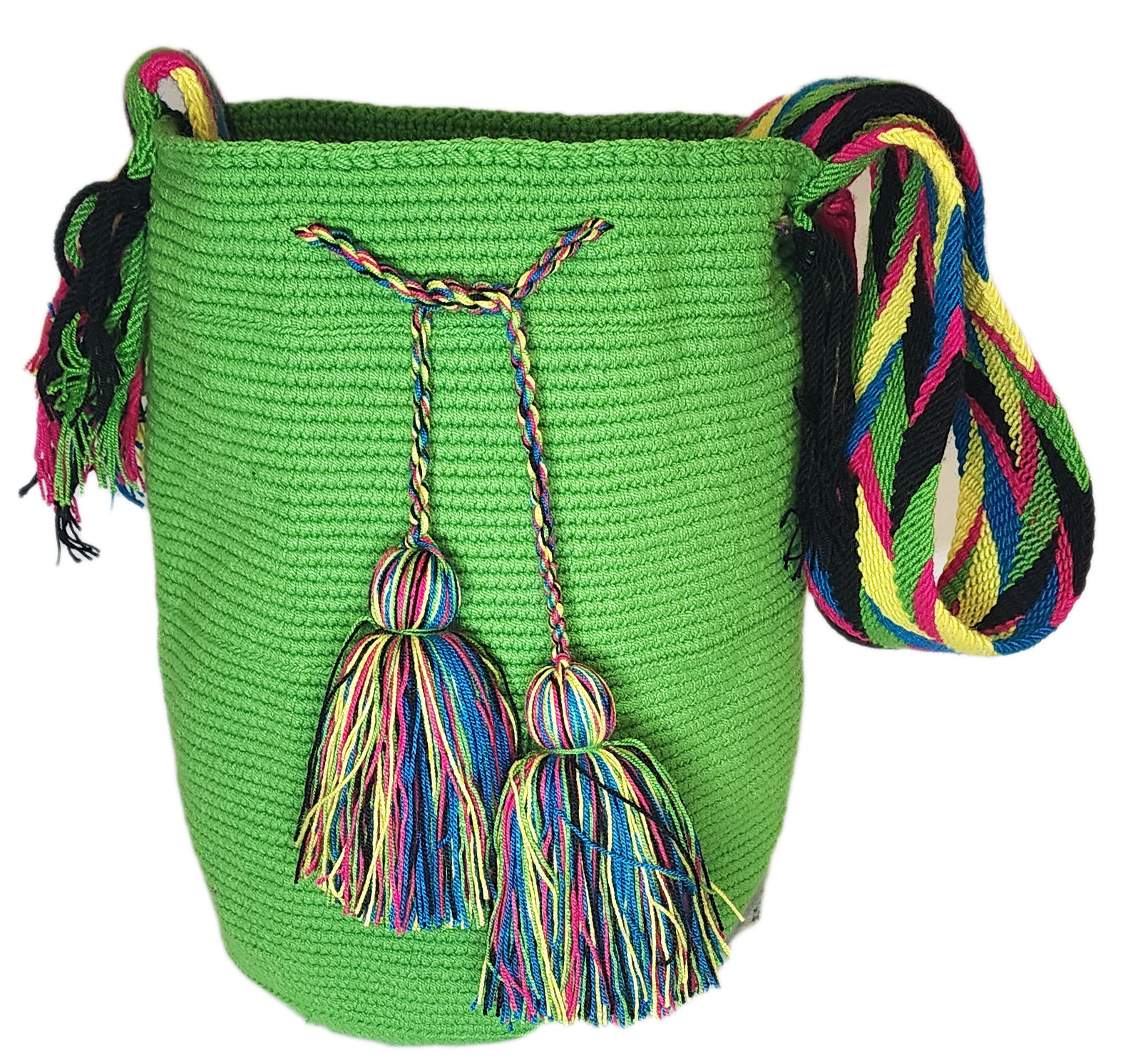 "Colorful handmade crochet bags by Wayuu women of Colombia, featuring vibrant, culturally symbolic designs."