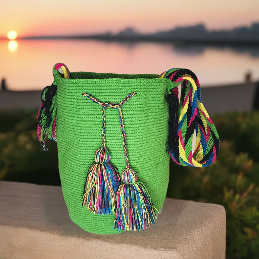 Bottom view "Colorful handmade crochet bags by Wayuu women of Colombia, featuring vibrant, culturally symbolic designs."