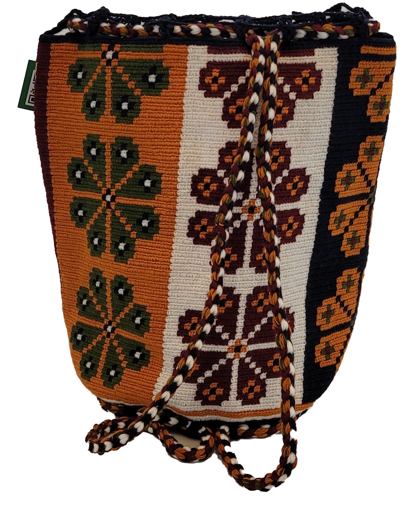 "Colorful handmade crochet crossbody bag by Wayuu women, showcasing vibrant patterns and hues, symbolizing cultural heritage.