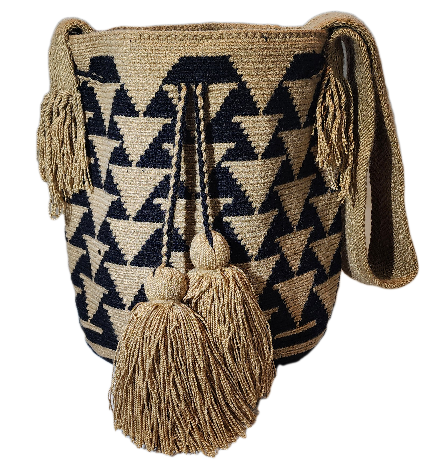 "Colorful handmade Crochet Wayuu bag crafted by the Wayuu community, featuring vibrant patterns and adjustable straps for ver