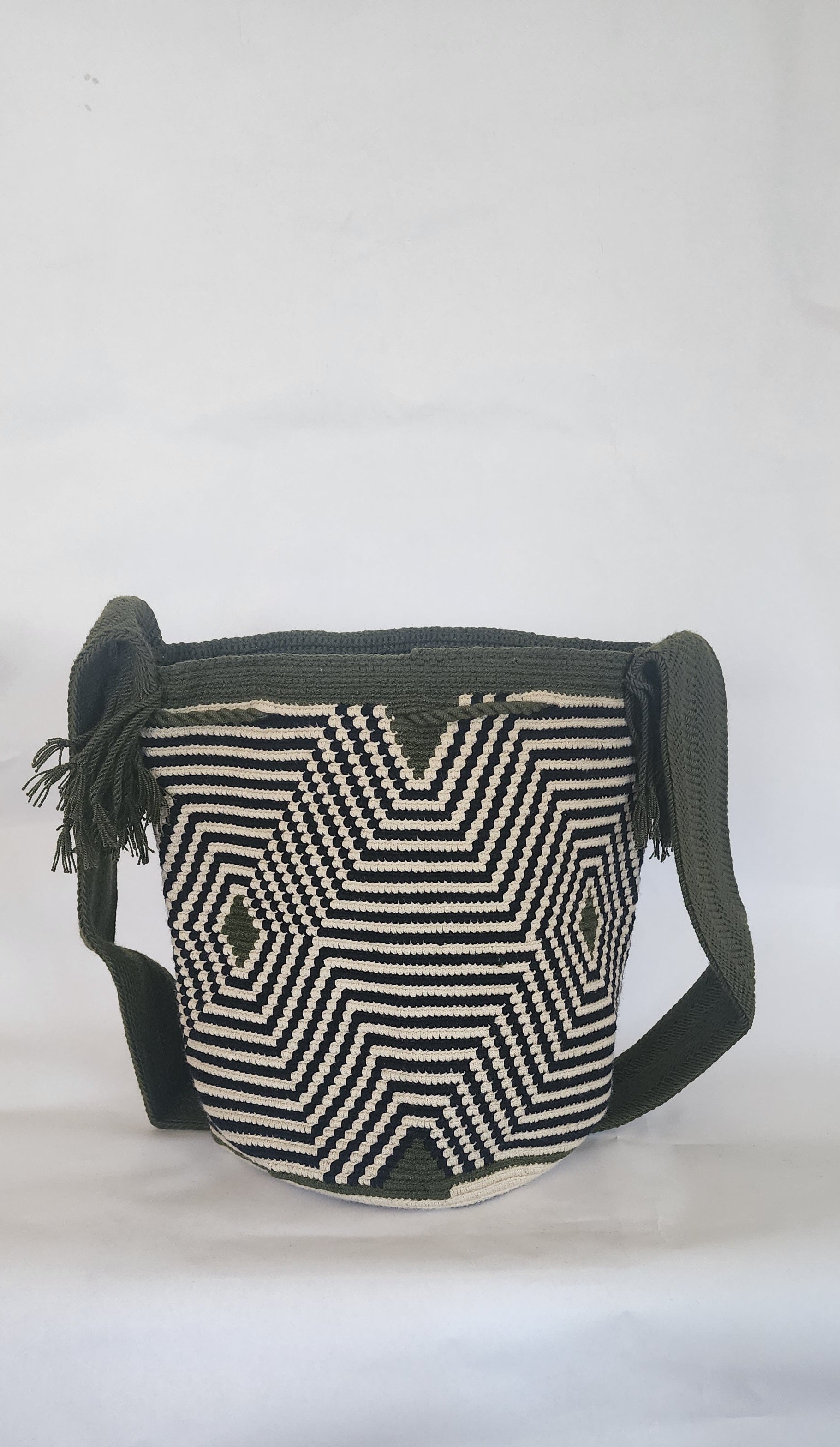 Bottom view "Colorful handmade Crochet Wayuu bag with geometric motifs, crafted by indigenous artisans, perfect for versatile use."