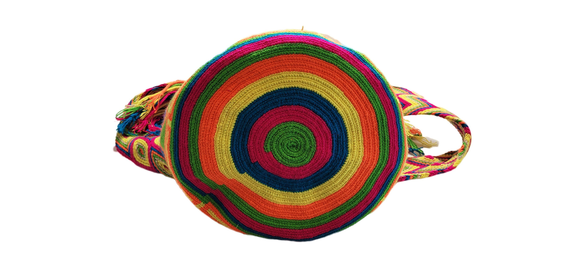 "Colorful handmade Crochet Wayuu Bag with unique patterns, showcasing bohemian artistry and adjustable straps."