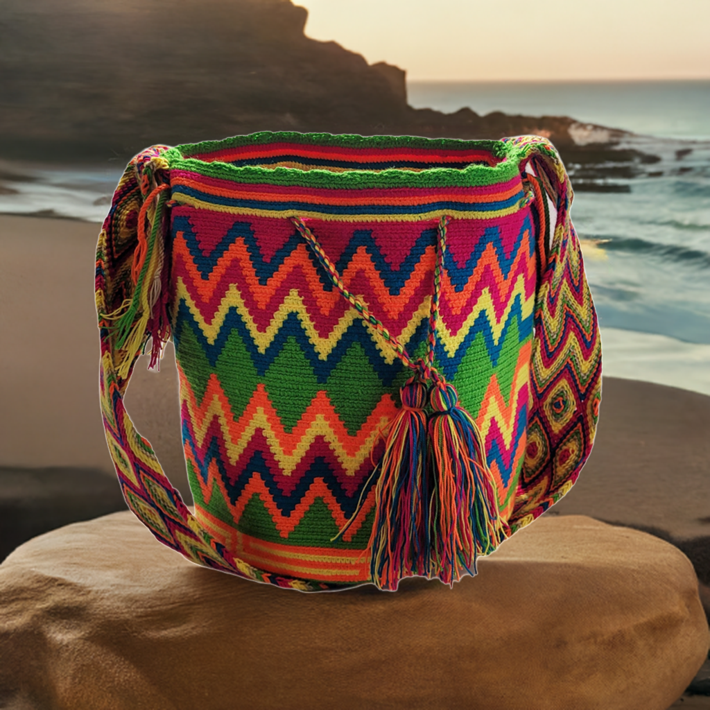 "Colorful handmade Crochet Wayuu Bag with unique patterns, showcasing bohemian artistry and adjustable straps."