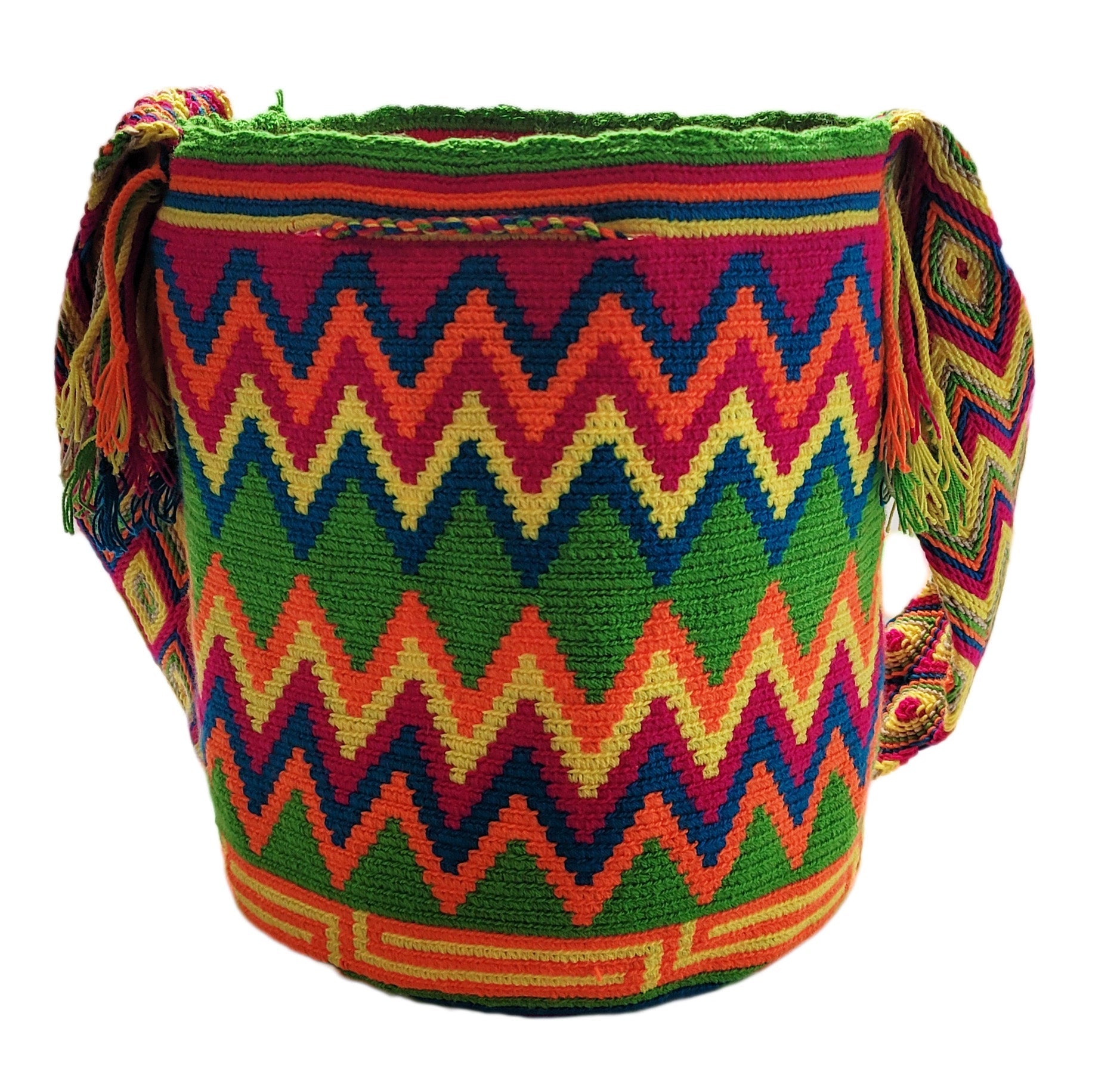 "Colorful handmade Crochet Wayuu Bag with unique patterns, showcasing bohemian artistry and adjustable straps."