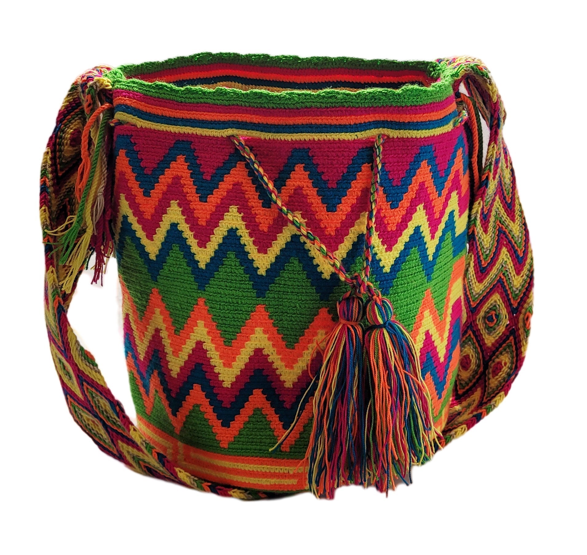 "Colorful handmade Crochet Wayuu Bag with unique patterns, showcasing bohemian artistry and adjustable straps."