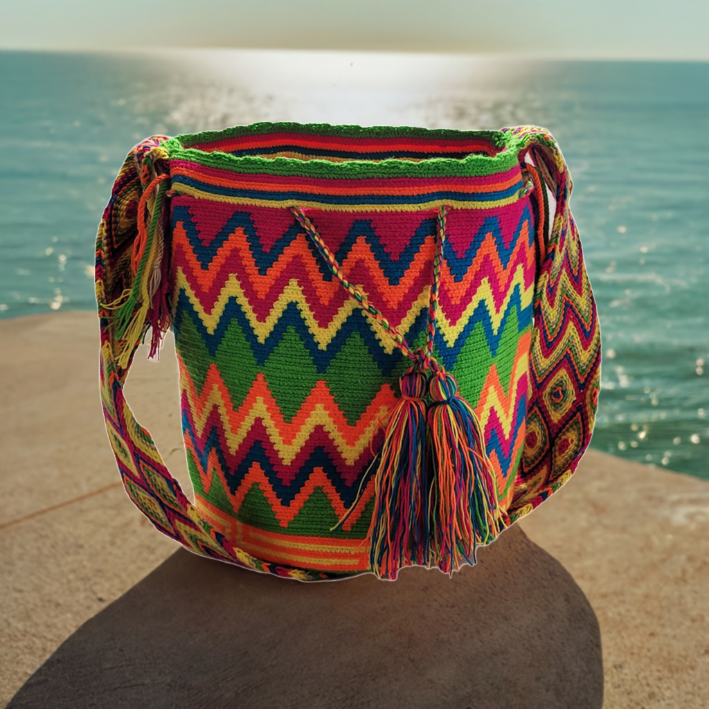 Bottom view "Colorful handmade Crochet Wayuu Bag with unique patterns, showcasing bohemian artistry and adjustable straps."