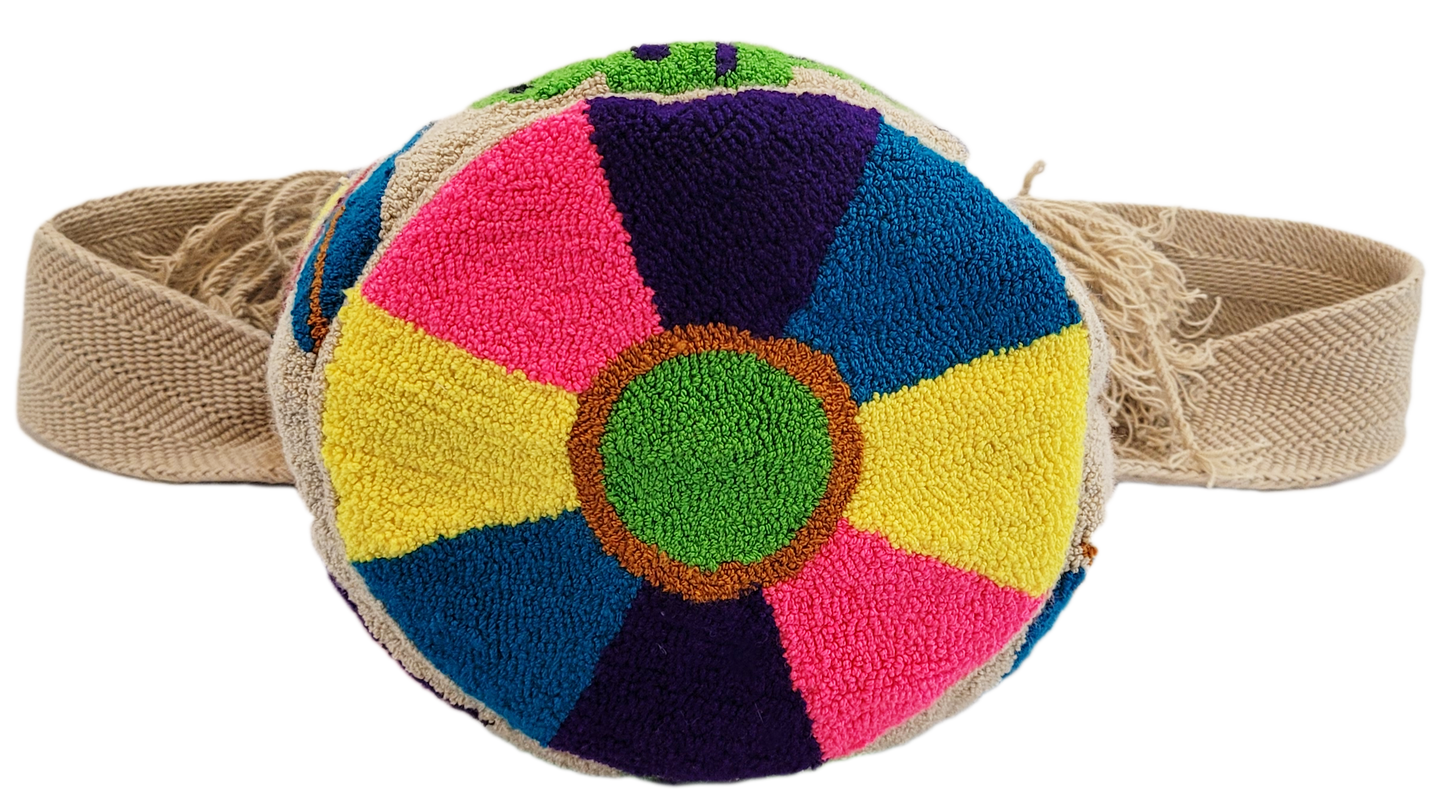 "Colorful handmade crochet Wayuu bag with vibrant geometric patterns, showcasing artisan craftsmanship and bohemian style."