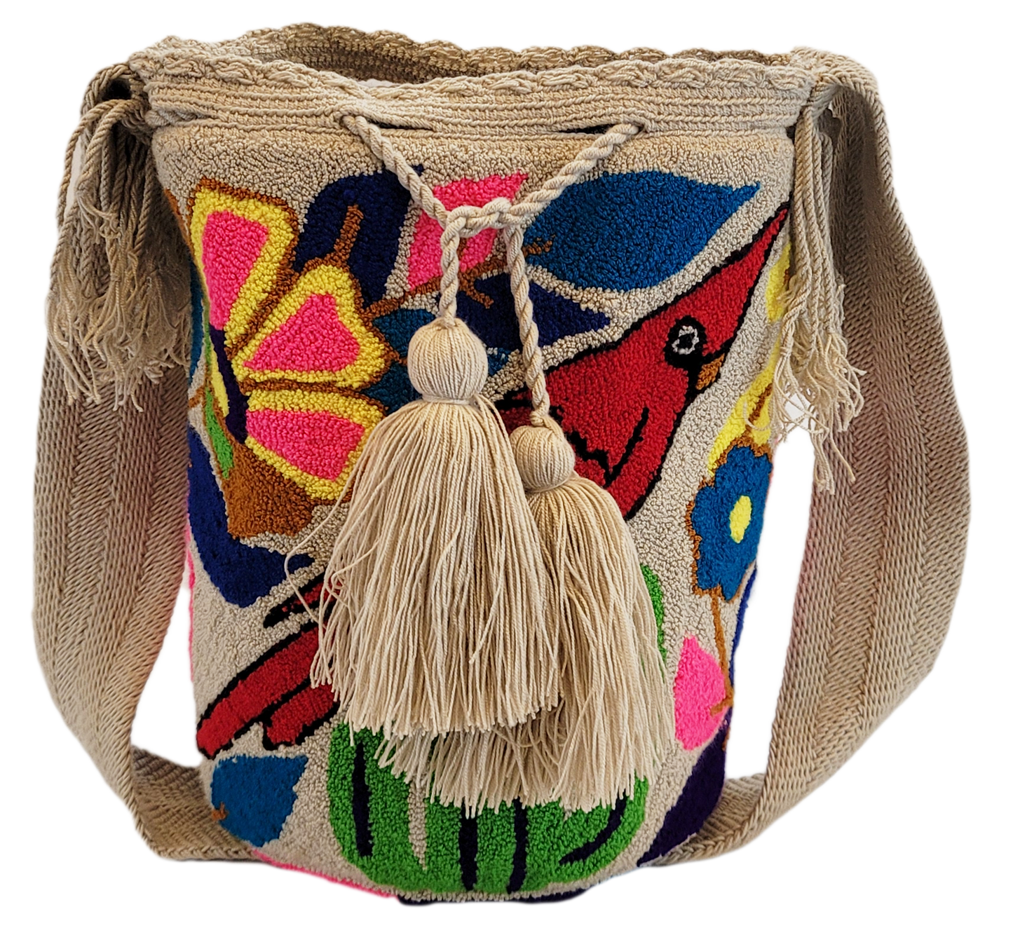 "Colorful handmade crochet Wayuu bag with vibrant geometric patterns, showcasing artisan craftsmanship and bohemian style."