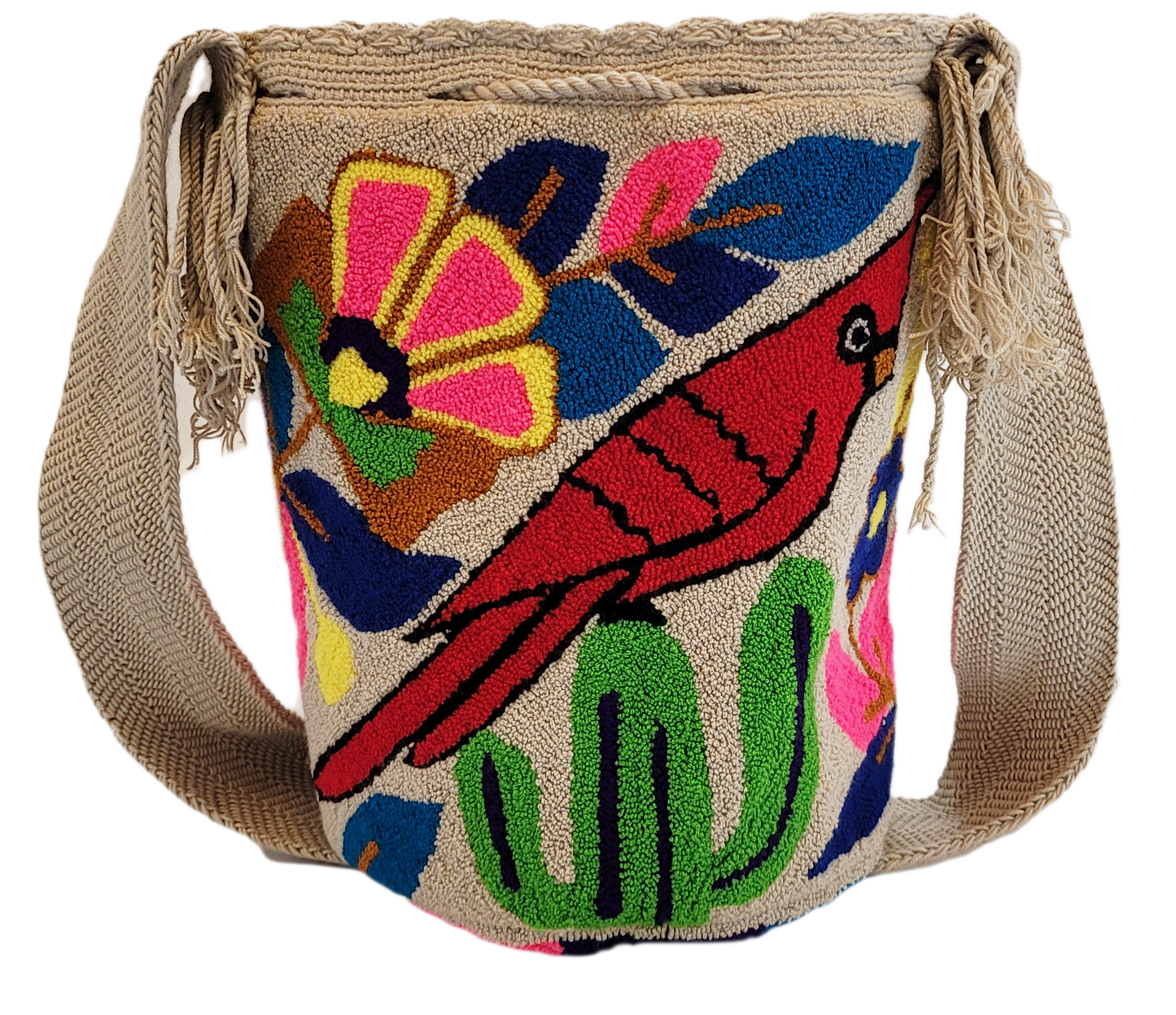 "Colorful handmade crochet Wayuu bag with vibrant geometric patterns, showcasing artisan craftsmanship and bohemian style."