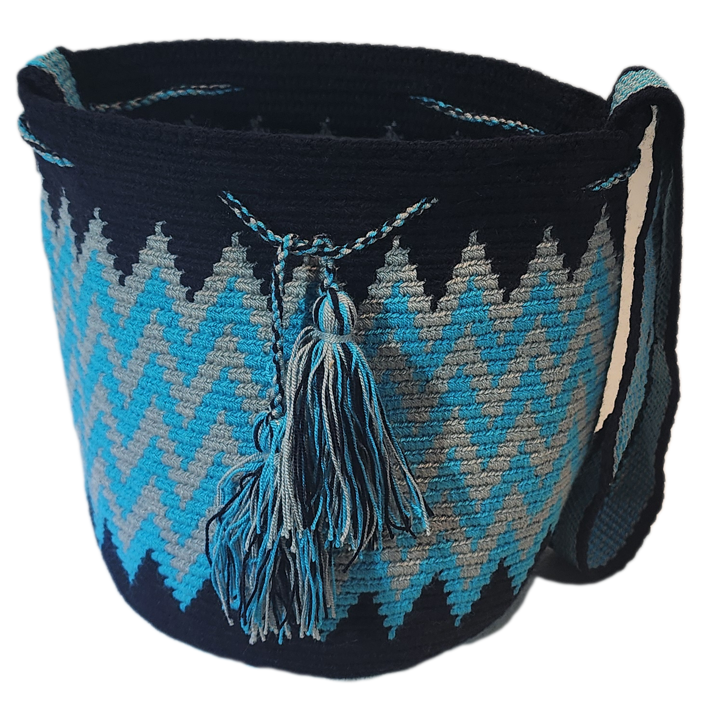 "Colorful handmade crochet Wayuu handbag by Wuitusu, displaying traditional bohemian patterns and intricate craftsmanship."