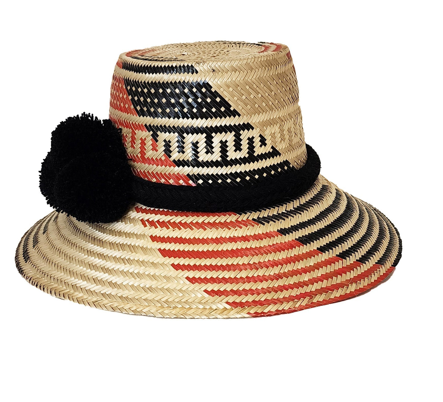 "Colorful handmade straw hats by Wuitusu, crafted by the Wayuu tribe using dyed Iraca palm fibers, with adjustable sizing and