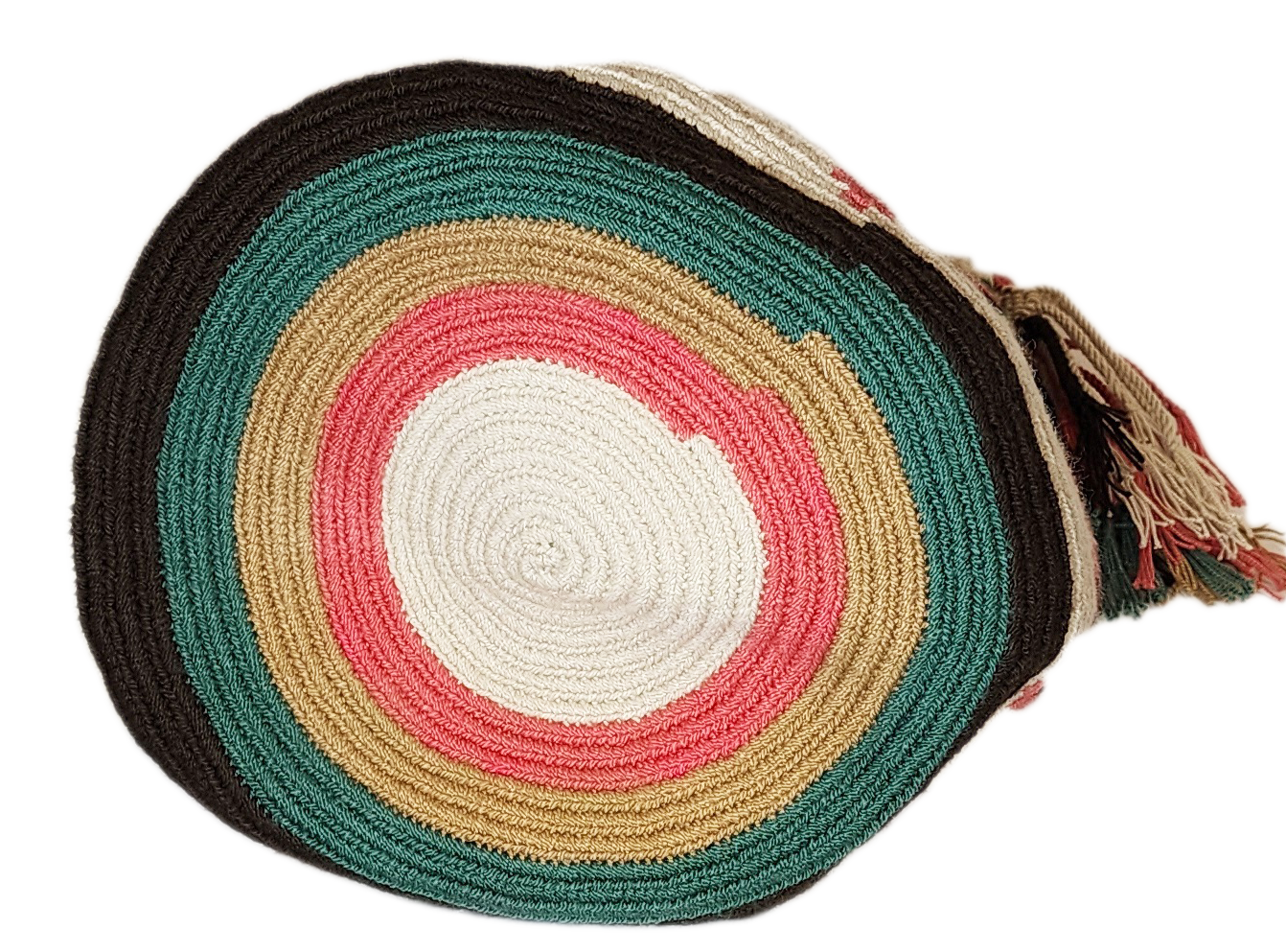 "Colorful handmade Wayuu crochet bag, featuring intricate patterns and a boho design, ideal for versatile use."