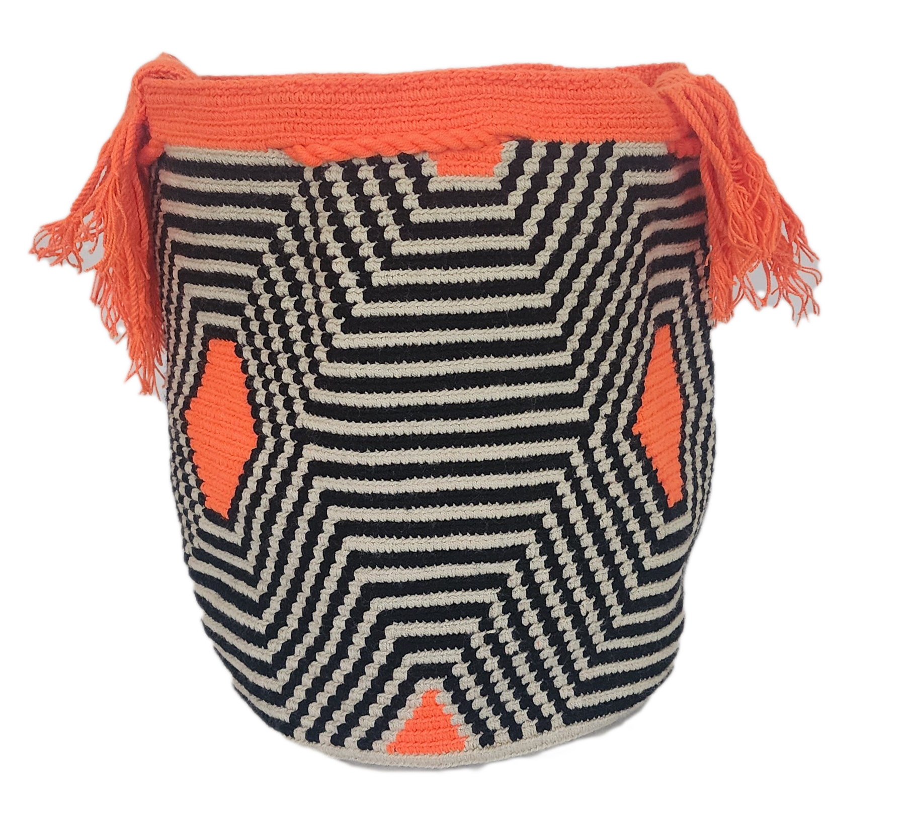 "Colorful handmade Wayuu crochet bag with geometric patterns, adjustable woven strap, ideal for versatile bohemian style."