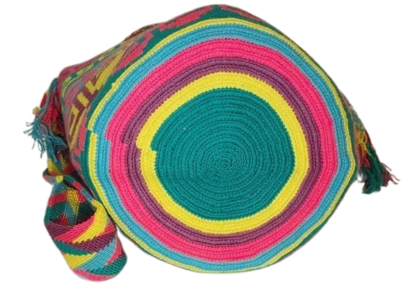"Colorful handmade Wayuu crochet bag with geometric patterns, crafted by the Wuitusu community."