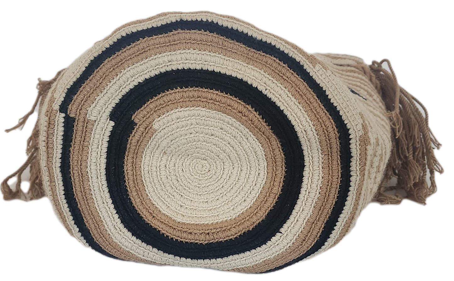 "Colorful handmade Wayuu crochet bag with geometric patterns, showcasing bohemian style and cultural craftsmanship."