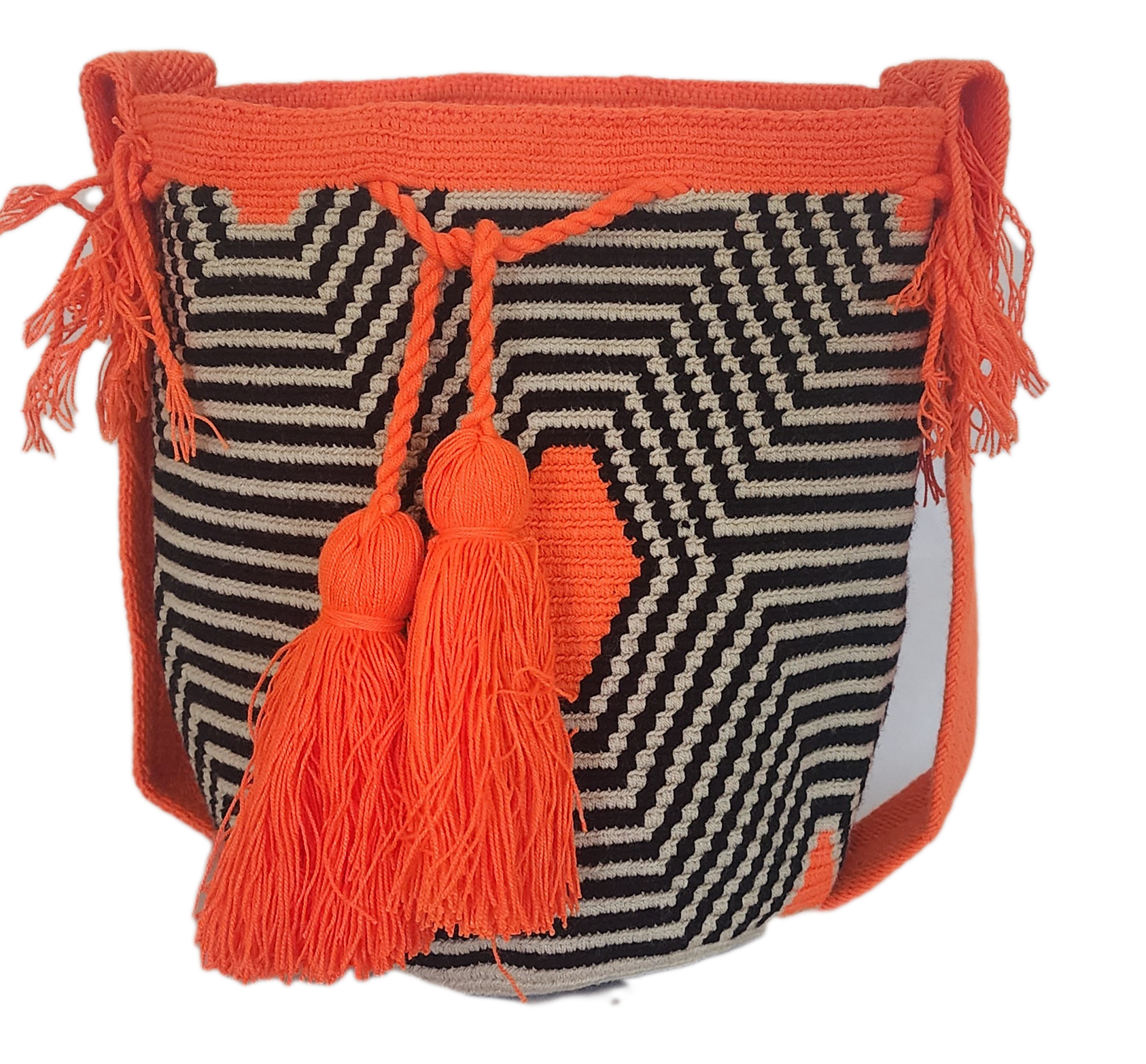 "Colorful handmade Wayuu crochet bag with geometric patterns, adjustable woven strap, ideal for versatile bohemian style."