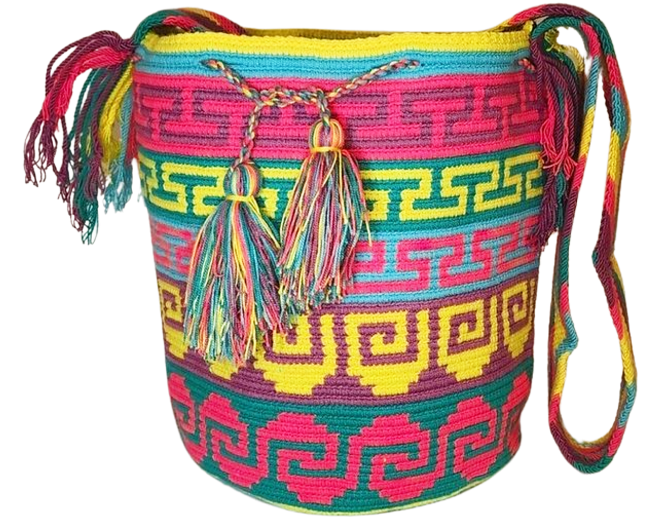 "Colorful handmade Wayuu crochet bag with geometric patterns, crafted by the Wuitusu community."