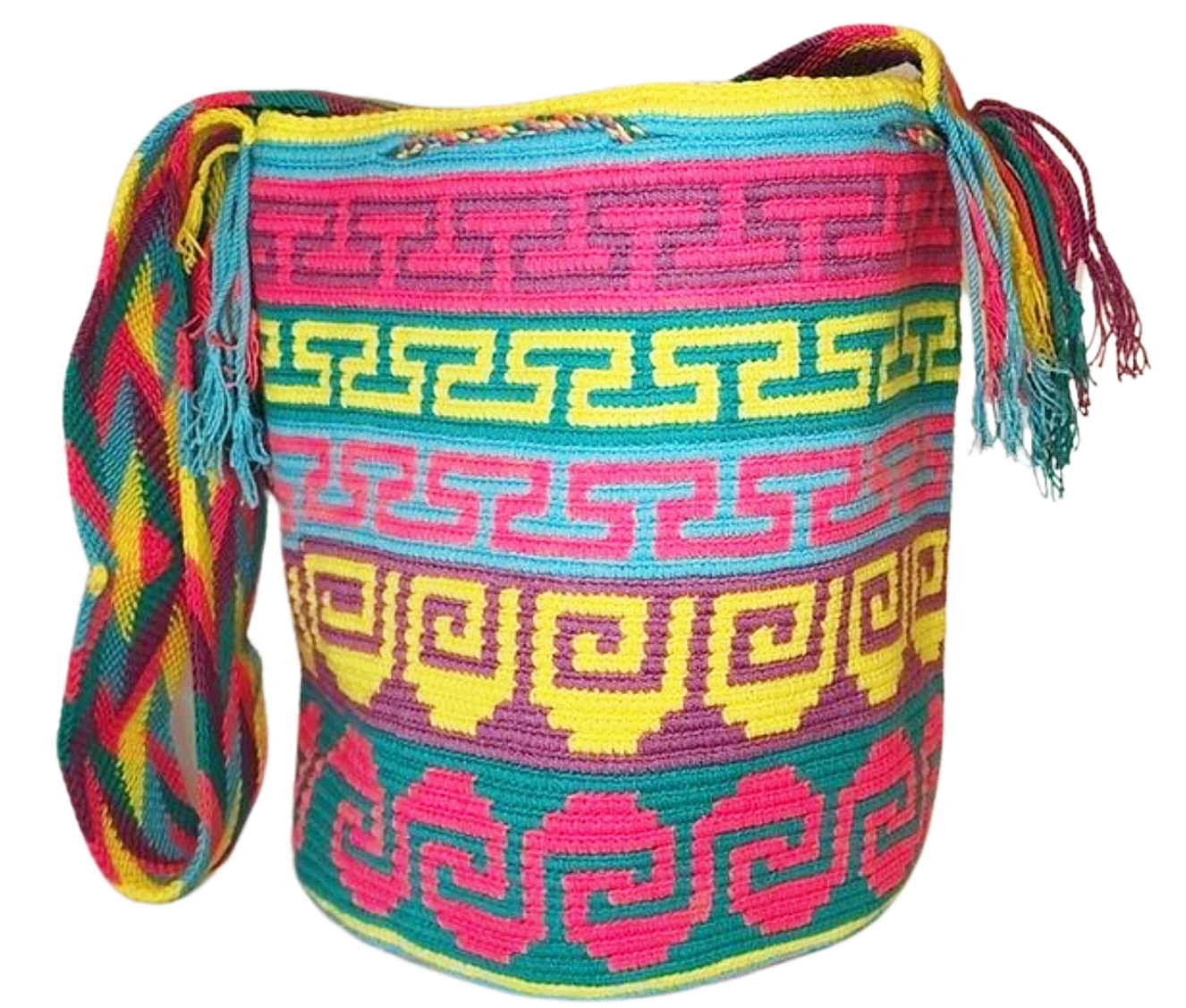 "Colorful handmade Wayuu crochet bag with geometric patterns, crafted by the Wuitusu community."