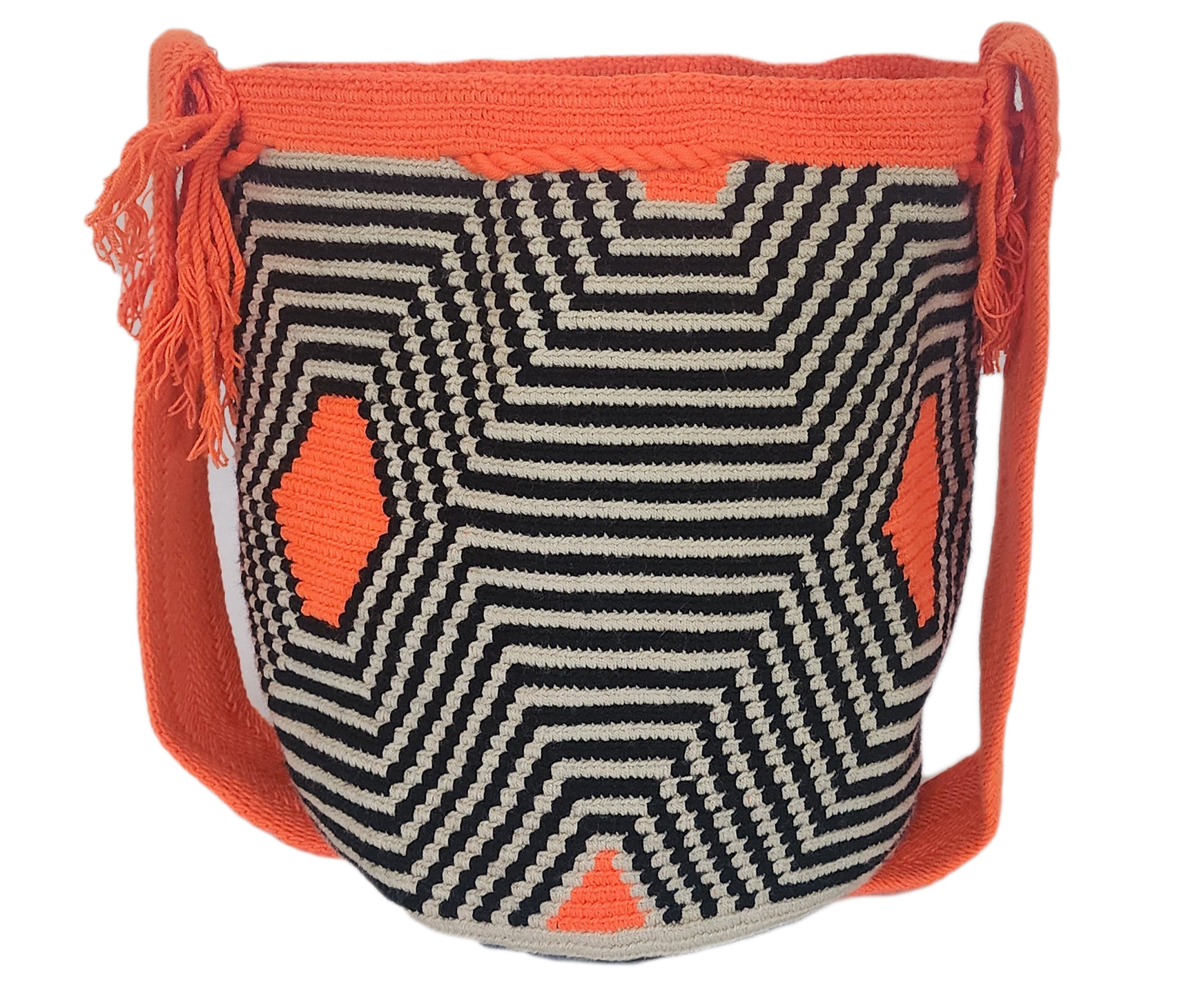 Bottom view "Colorful handmade Wayuu crochet bag with geometric patterns, adjustable woven strap, ideal for versatile bohemian style."