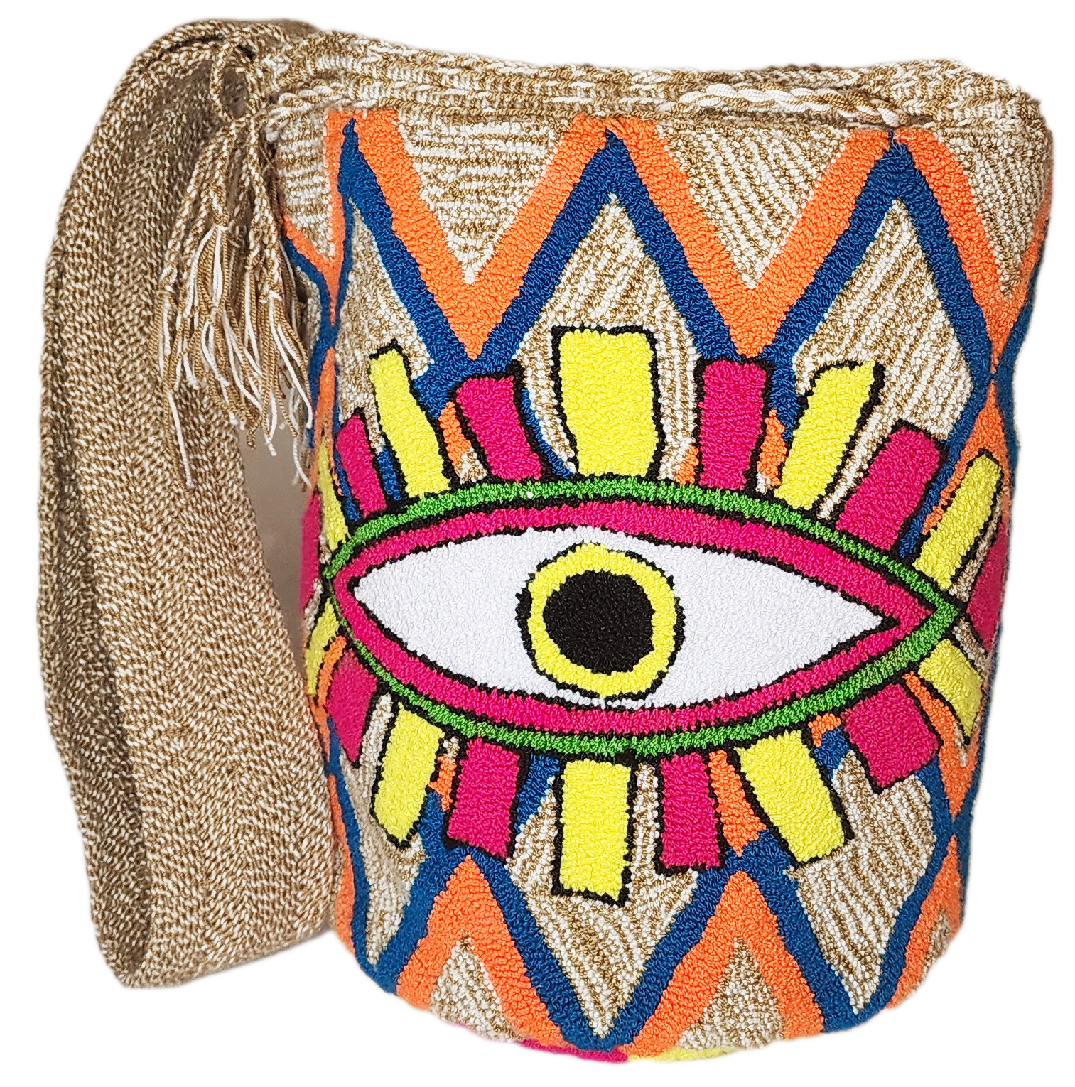 Bottom view "Colorful handmade Wayuu crochet bag with intricate geometric patterns, showcasing traditional craftsmanship and modern boho
