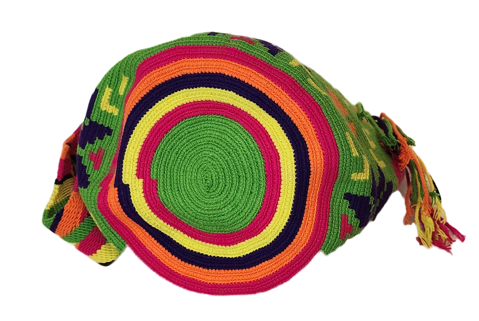 "Colorful handmade Wayuu crochet bag with intricate patterns, adjustable strap, showcasing bohemian charm and artisan craftsm