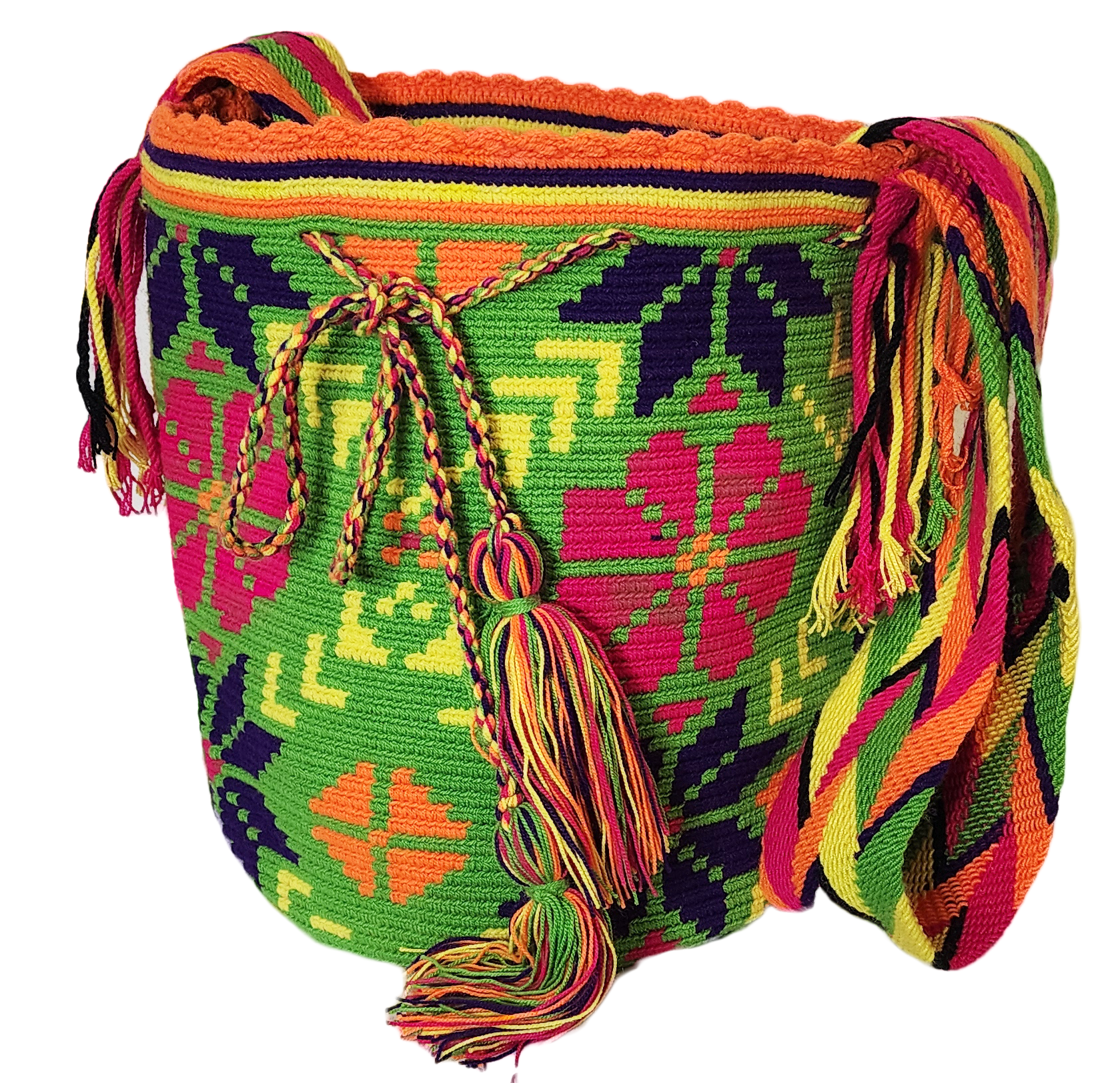 "Colorful handmade Wayuu crochet bag with intricate patterns, adjustable strap, showcasing bohemian charm and artisan craftsm