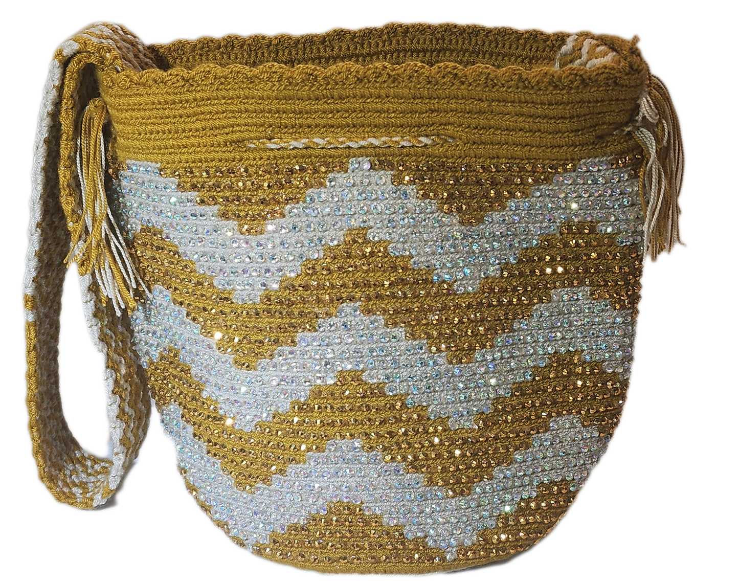 "Colorful handmade Wayuu crochet bag with intricate patterns and a long strap, showcasing traditional craftsmanship."