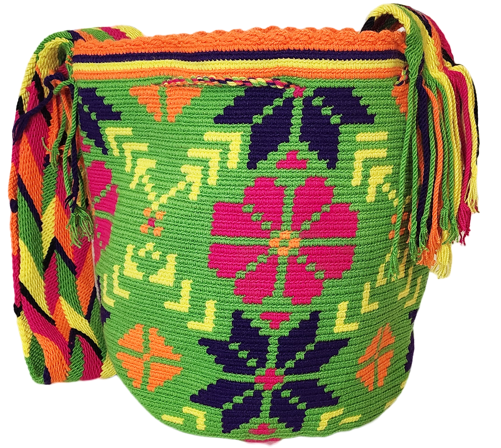 Bottom view "Colorful handmade Wayuu crochet bag with intricate patterns, adjustable strap, showcasing bohemian charm and artisan craftsm