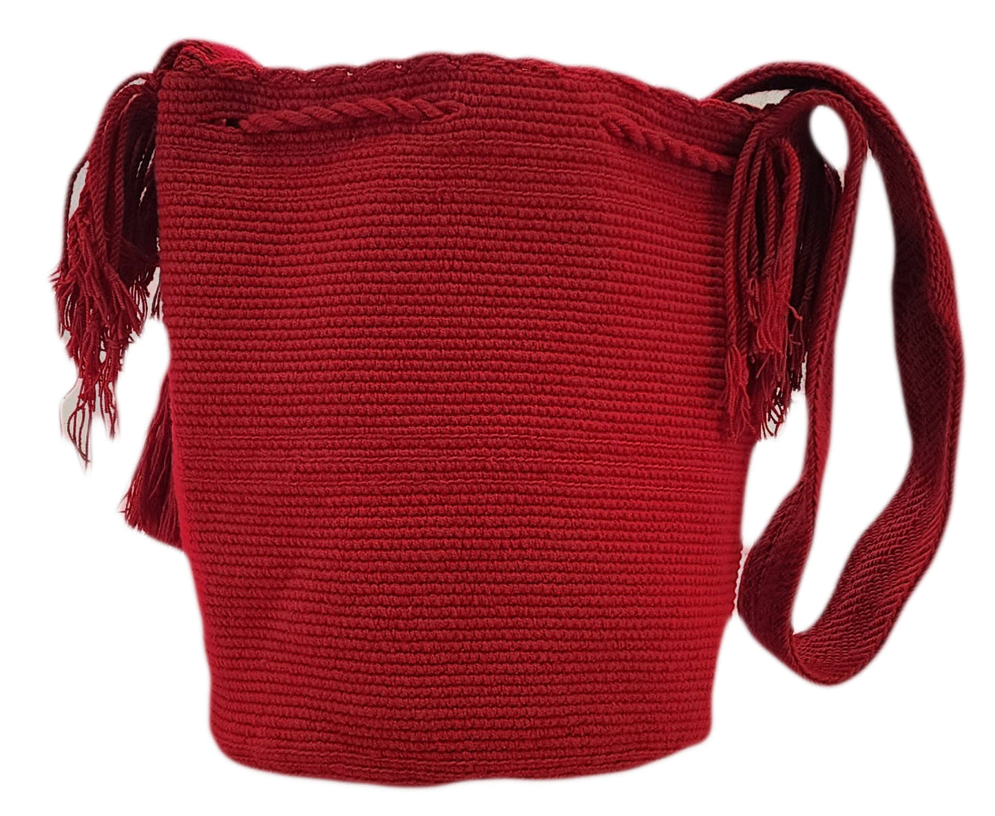 "Colorful handmade Wayuu crochet bag with vibrant bohemian designs, showcasing artisan craftsmanship and ethical fashion."