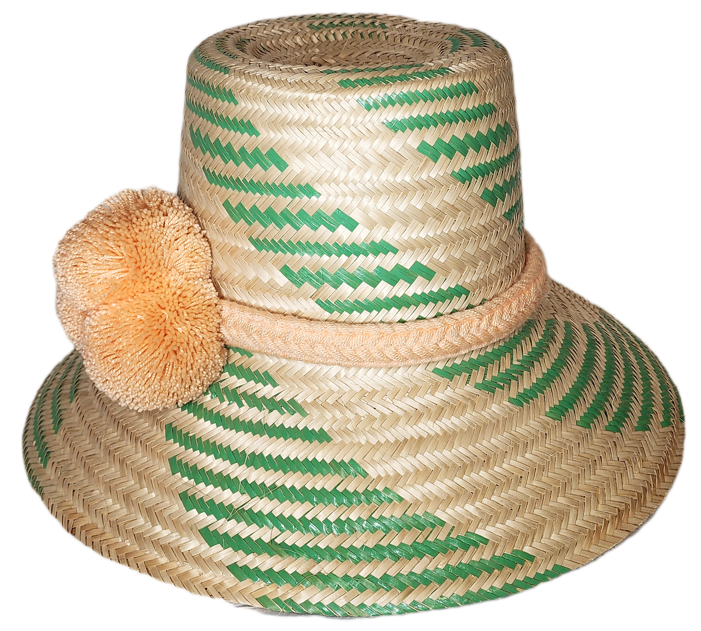 "Colorful handmade Wayuu hat by Wuitusu, adorned with significant cultural pompoms, crafted from Iraca palm fibers."