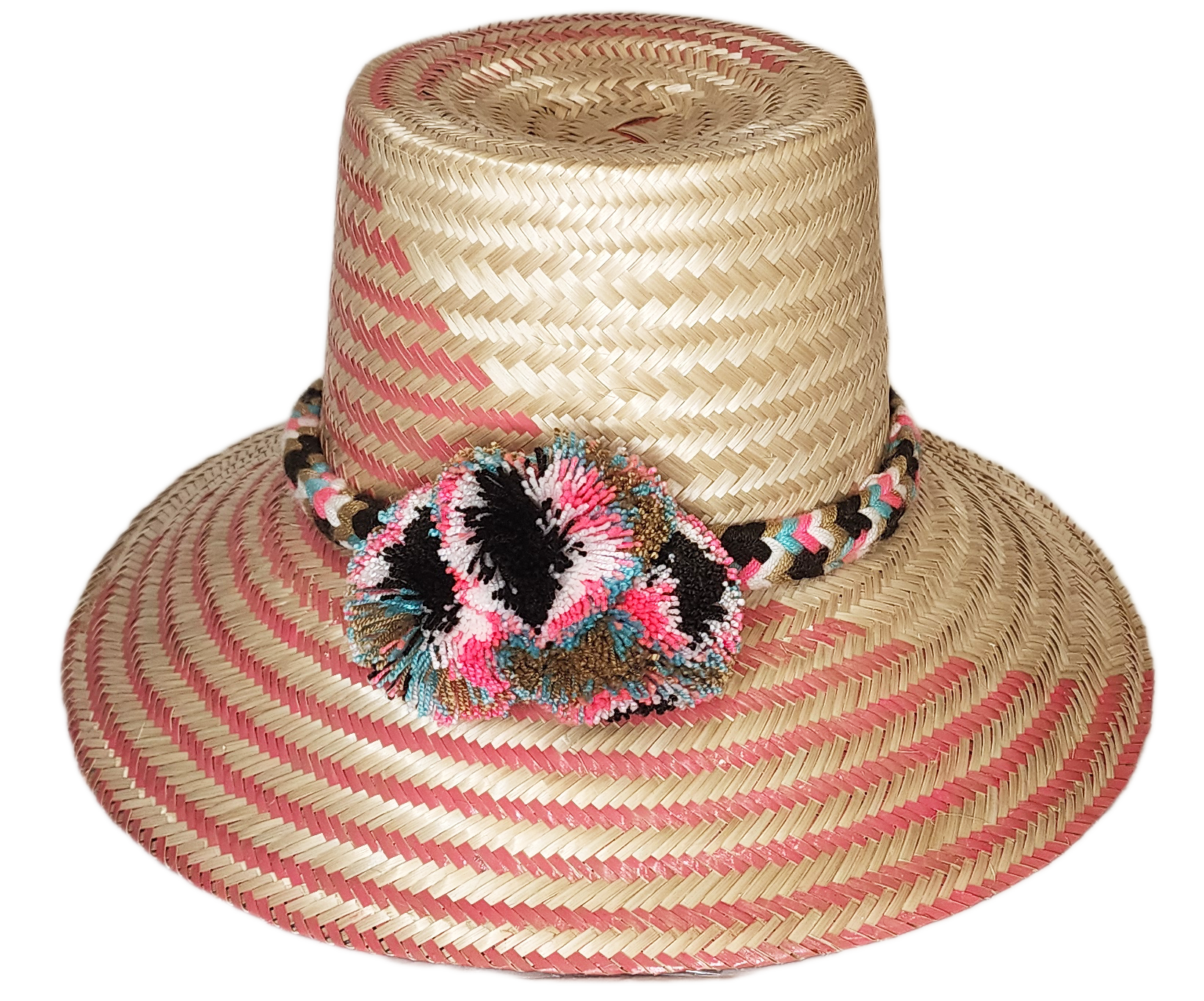 "Colorful handmade Wayuu hat by Wuitusu artisans, adorned with significant cultural pompoms, crafted from Iraca palm fibers."