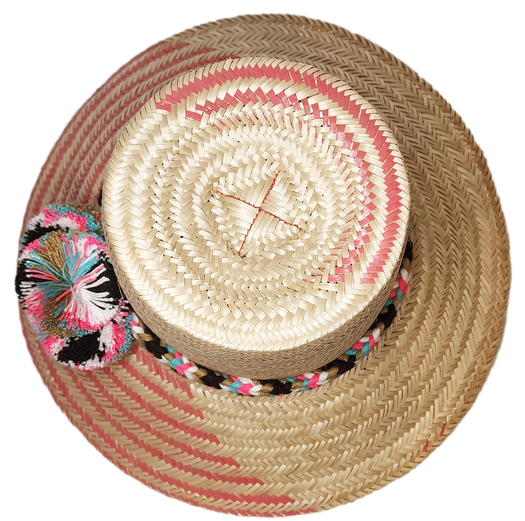 "Colorful handmade Wayuu hat by Wuitusu artisans, adorned with significant cultural pompoms, crafted from Iraca palm fibers."