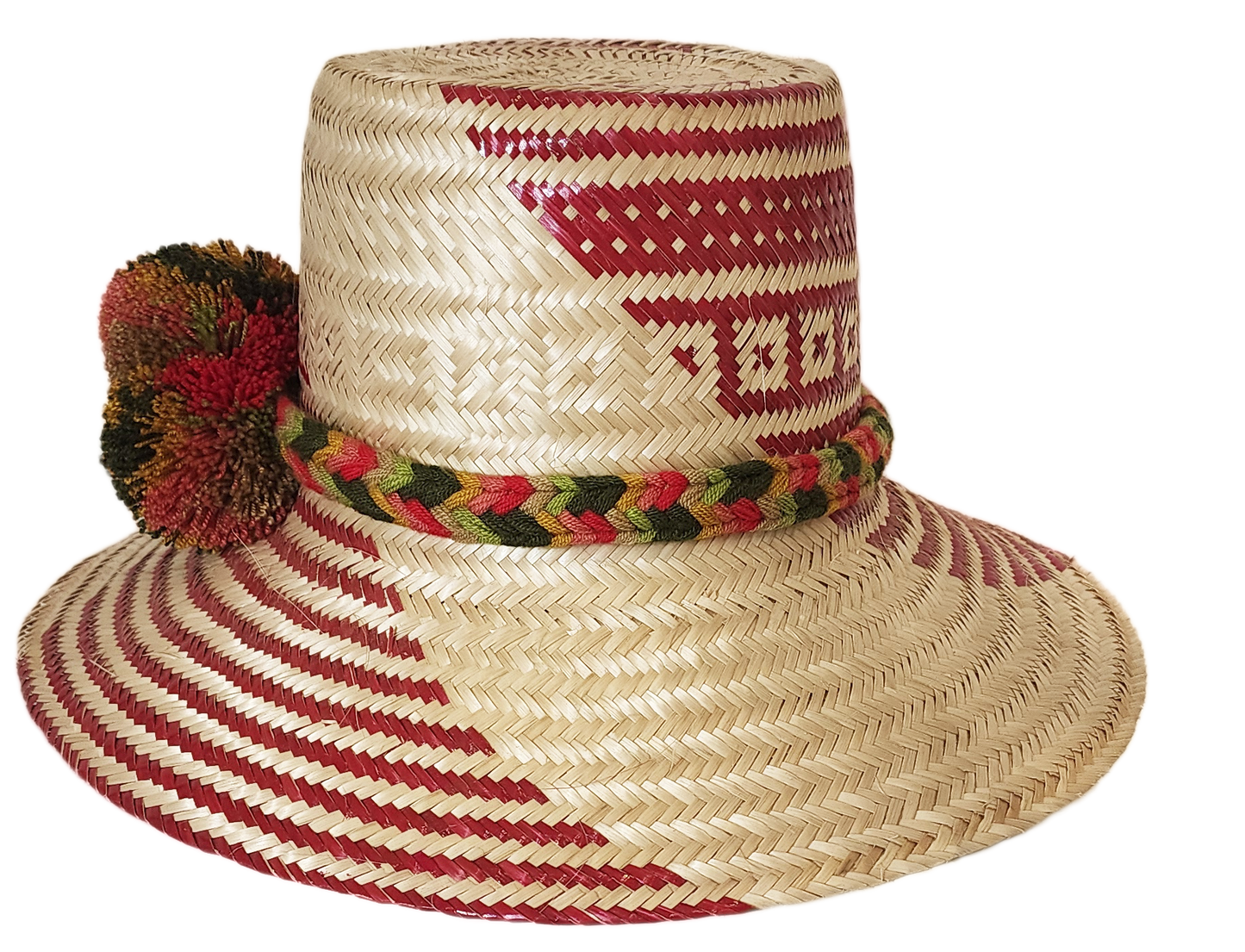 "Colorful Handmade Wayuu Hat by Wuitusu, crafted from Iraca palm fibers, featuring adjustable fit and decorative pompoms."