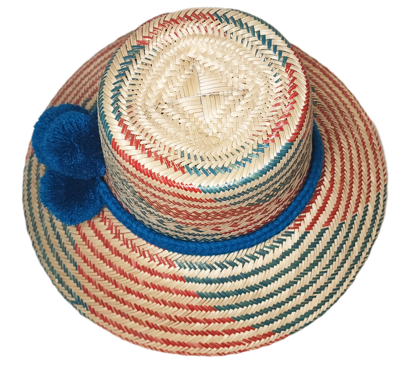 "Colorful handmade Wayuu hat by Wuitusu, crafted from Iraca palm fibers with unique pompoms, offering flexible wear styles."