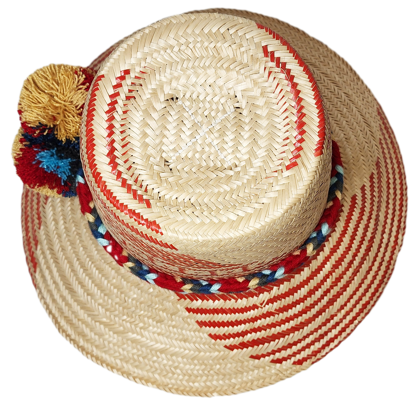 "Colorful Handmade Wayuu Hat crafted from Iraca palm fiber with decorative pompoms, symbolizing financial prosperity."