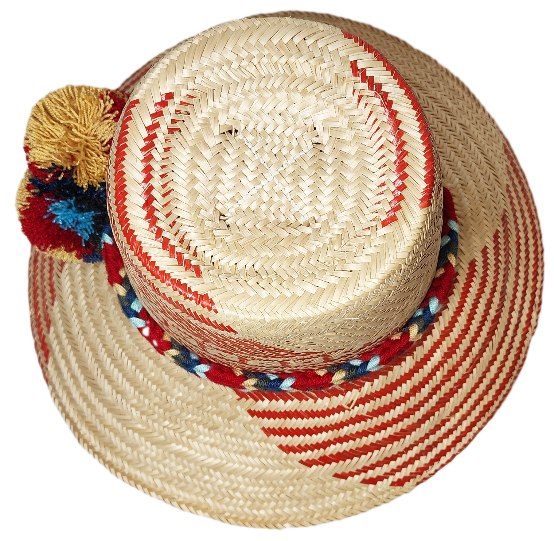 "Colorful Handmade Wayuu Hat crafted from Iraca palm fiber with decorative pompoms, symbolizing financial prosperity."
