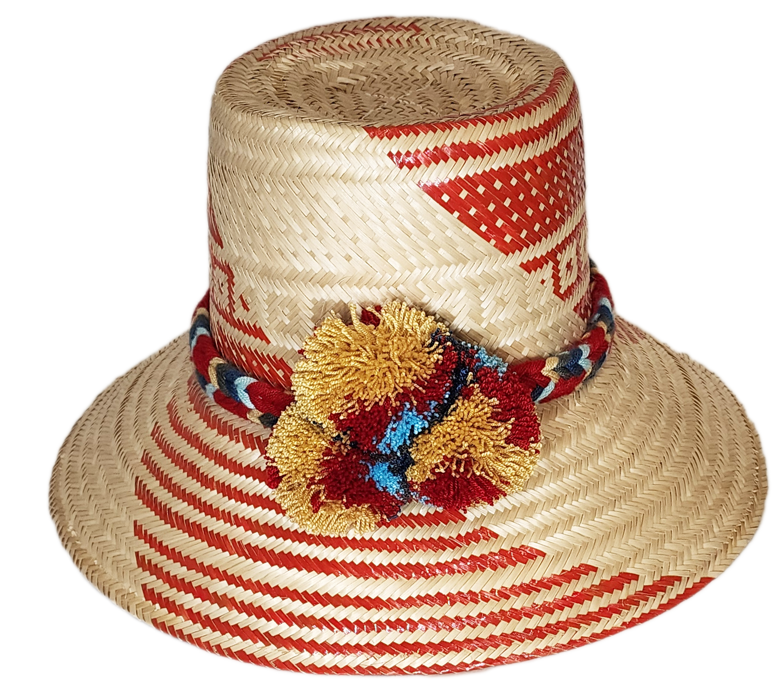 "Colorful Handmade Wayuu Hat crafted from Iraca palm fiber with decorative pompoms, symbolizing financial prosperity."