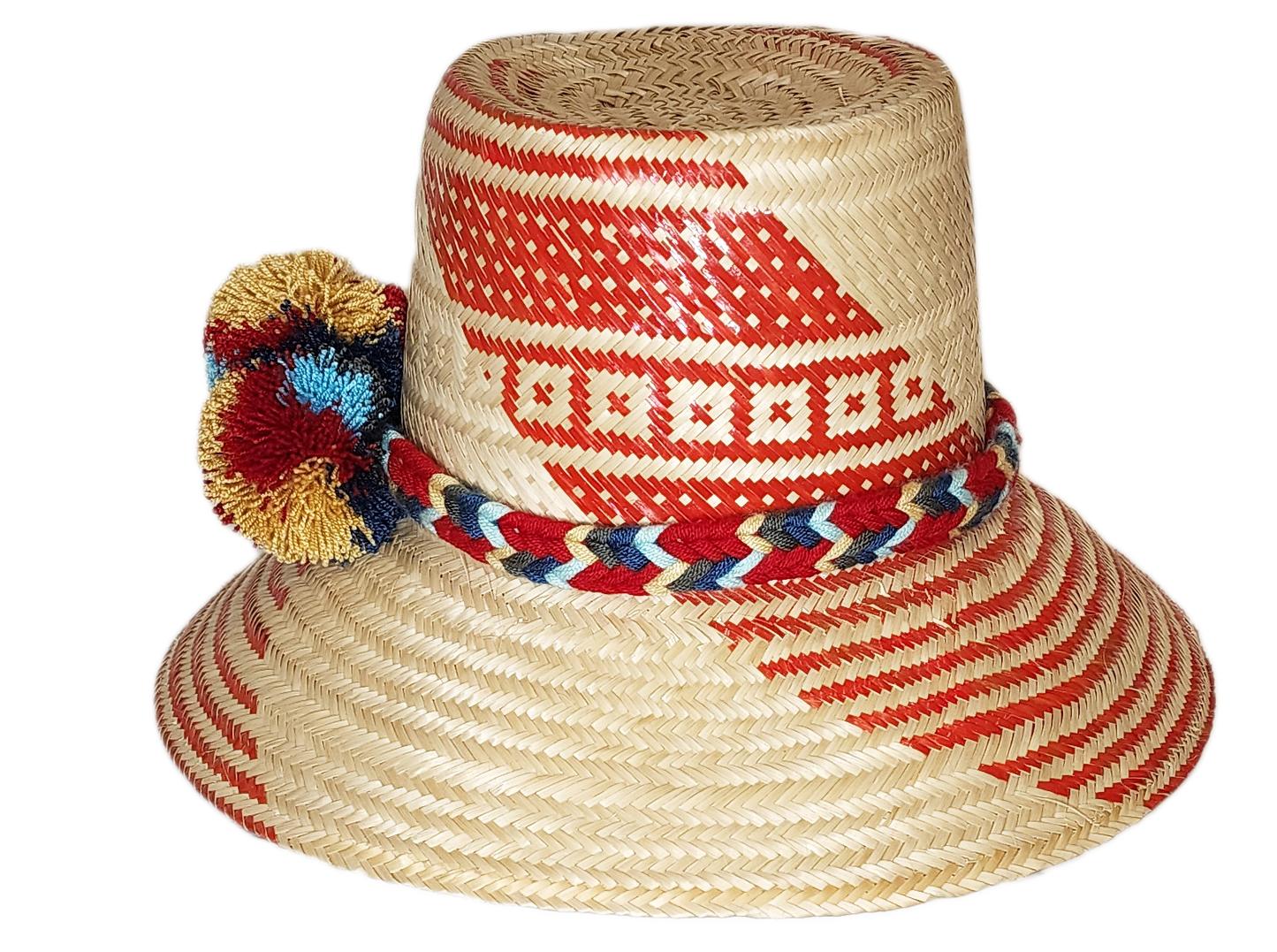 "Colorful Handmade Wayuu Hat crafted from Iraca palm fiber with decorative pompoms, symbolizing financial prosperity."