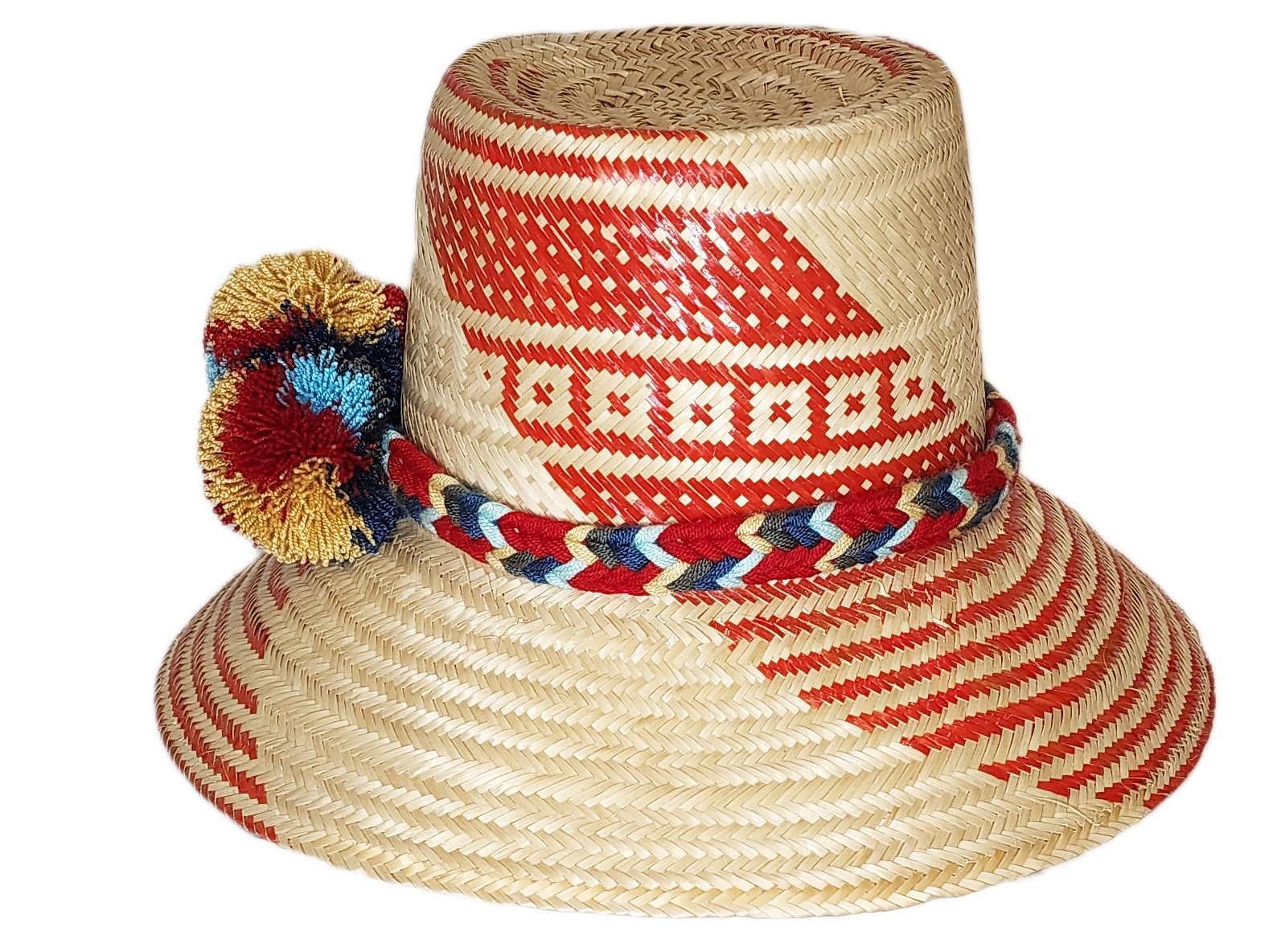 "Colorful Handmade Wayuu Hat crafted from Iraca palm fiber with decorative pompoms, symbolizing financial prosperity."
