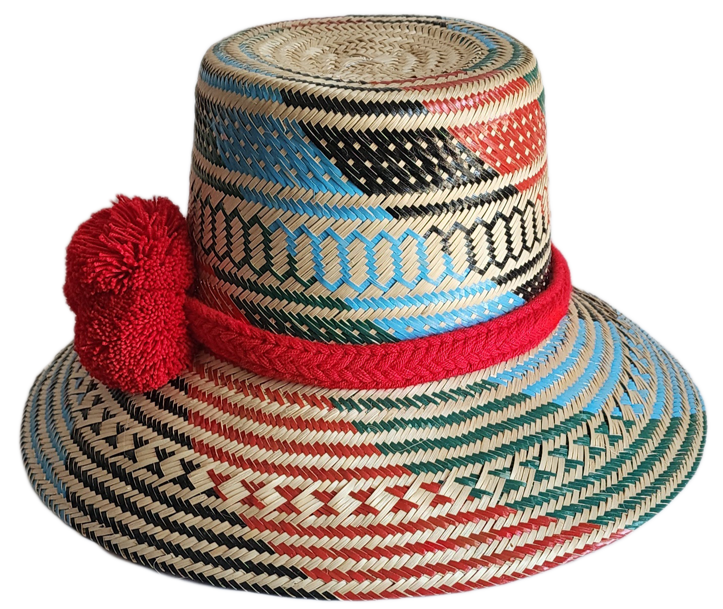 "Colorful handmade Wayuu hat crafted from Iraca palm fibers, adorned with significant pompoms, and adjustable for a perfect f