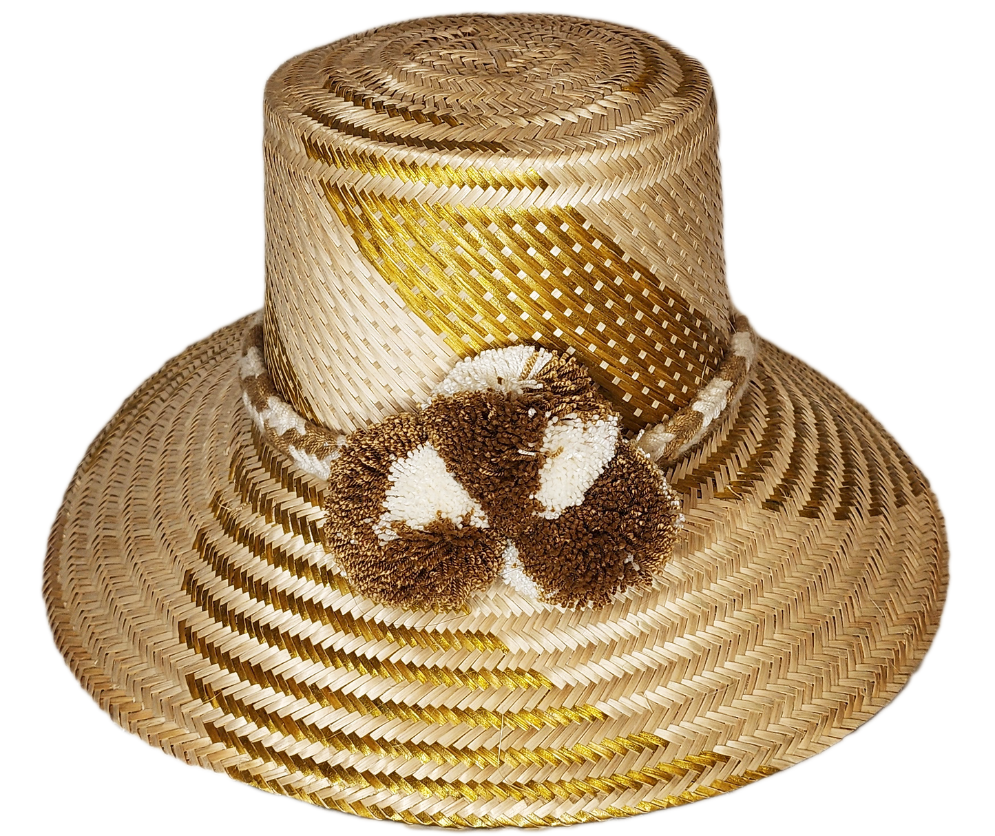 "Colorful handmade Wayuu hat crafted from Iraca palm fibers, featuring decorative pompoms and adjustable fit for various styl