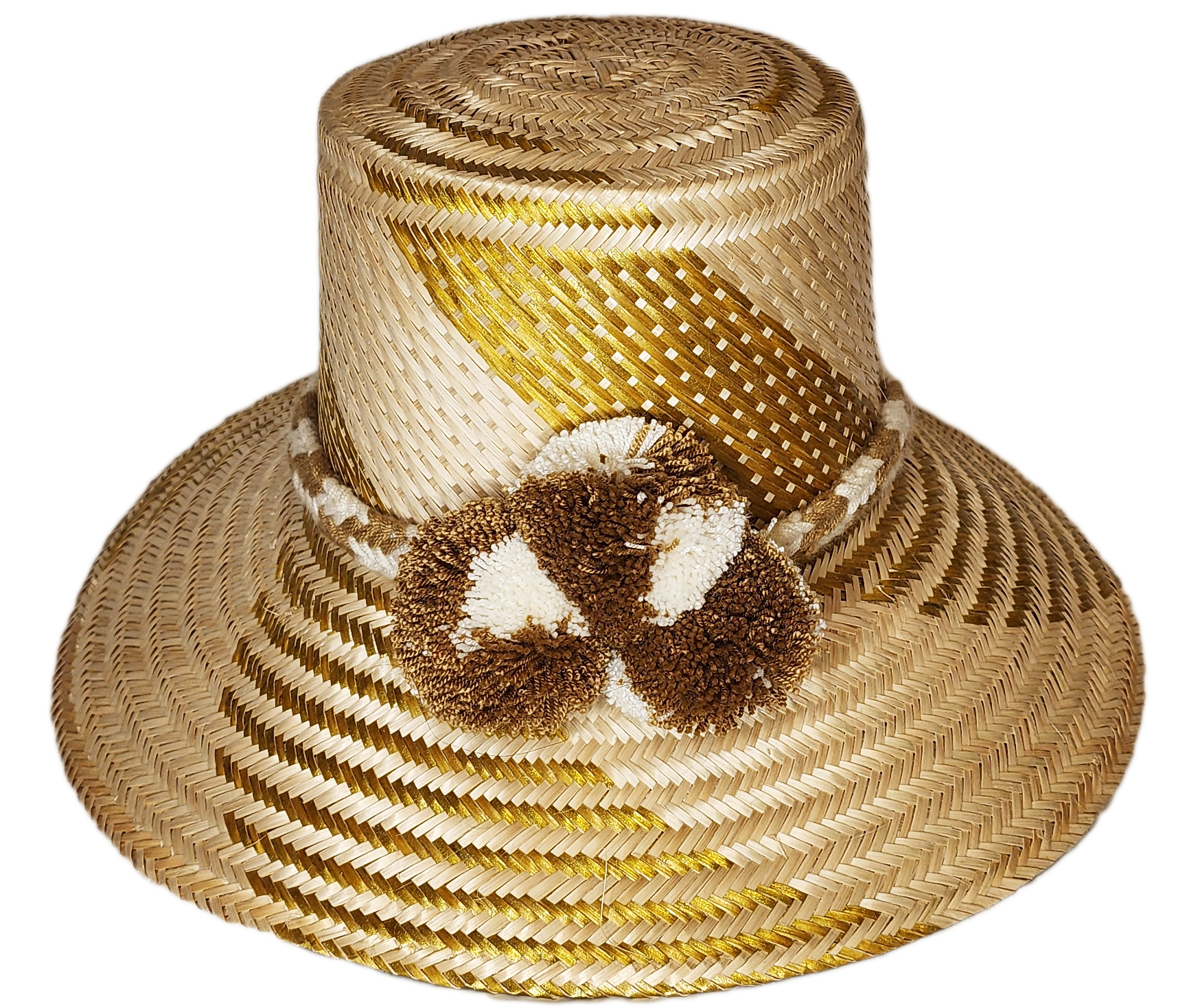 "Colorful handmade Wayuu hat crafted from Iraca palm fibers, featuring decorative pompoms and adjustable fit for various styl