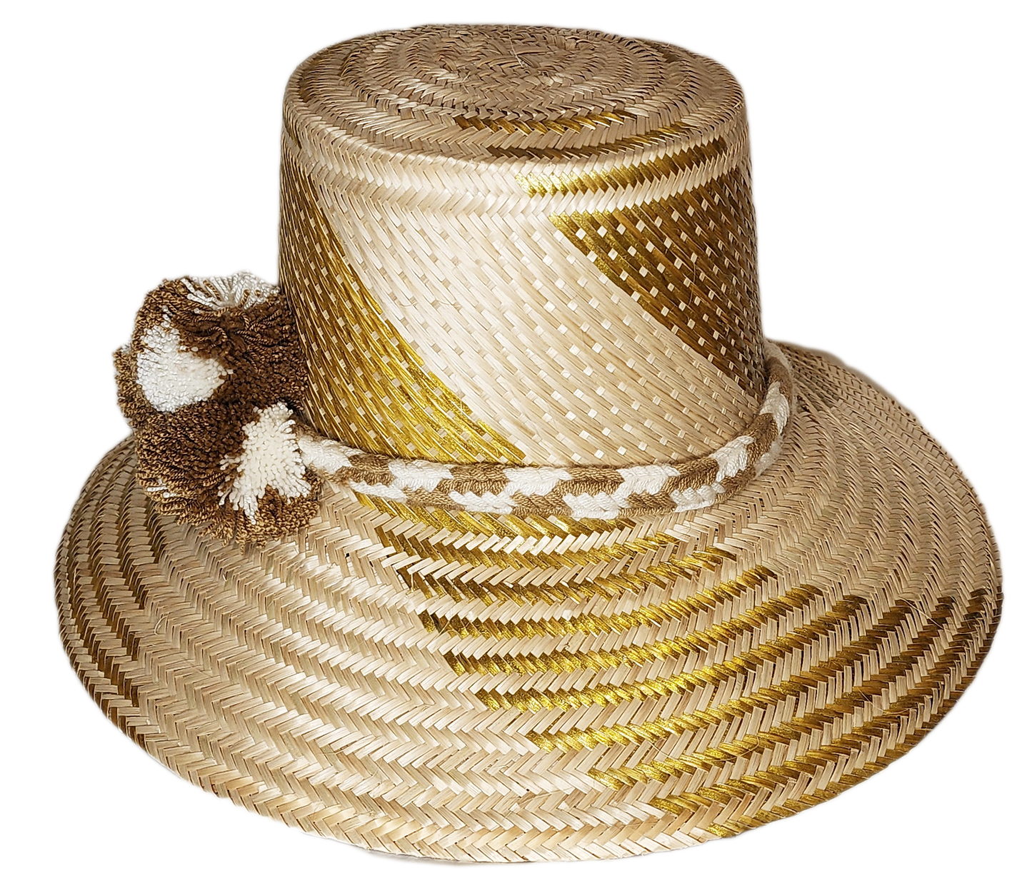 "Colorful handmade Wayuu hat crafted from Iraca palm fibers, featuring decorative pompoms and adjustable fit for various styl