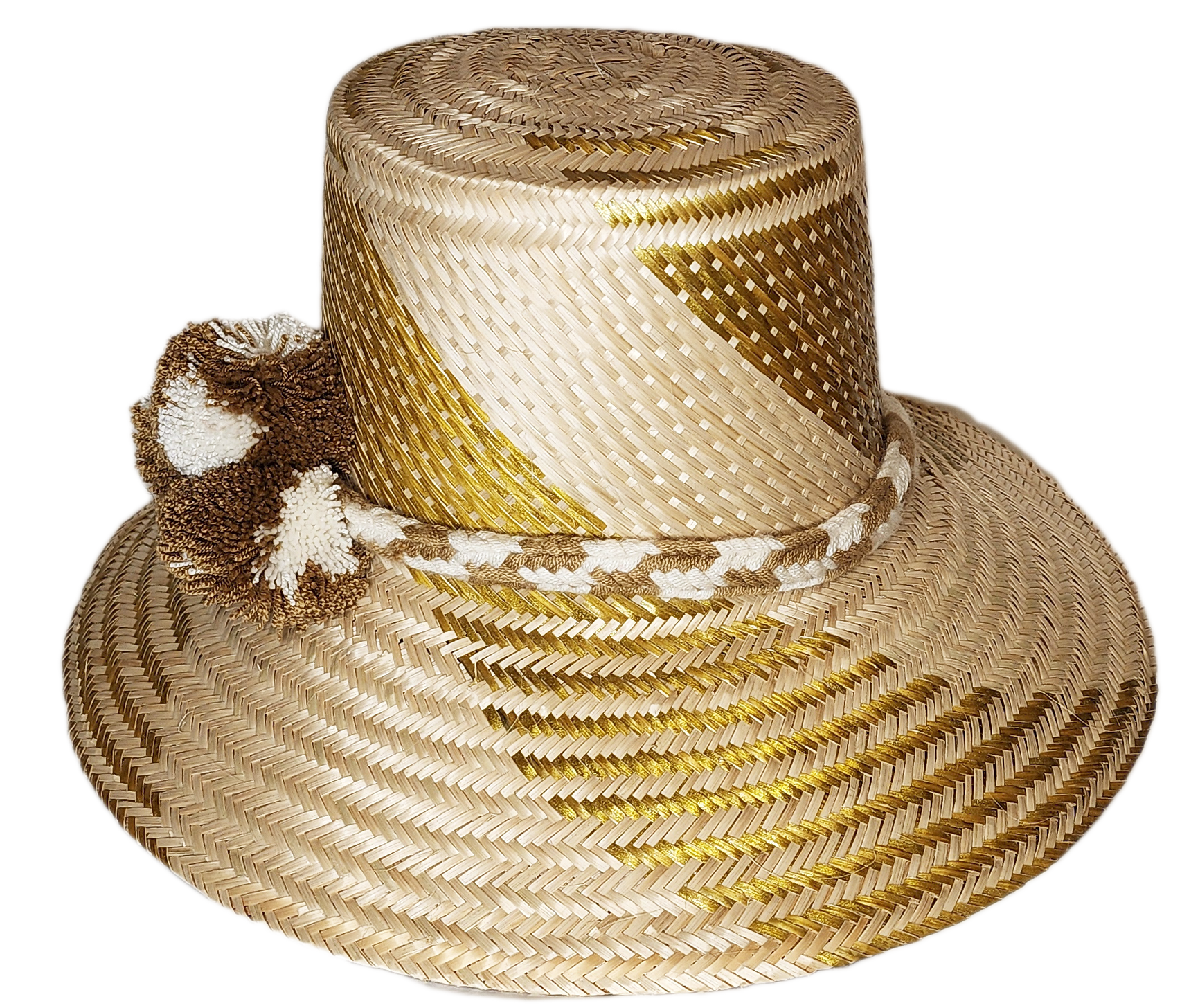 "Colorful handmade Wayuu hat crafted from Iraca palm fibers, featuring decorative pompoms and adjustable fit for various styl