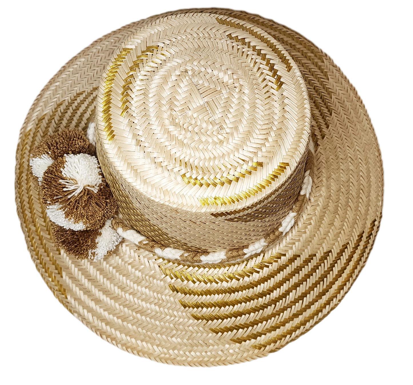 "Colorful handmade Wayuu hat crafted from Iraca palm fibers, featuring decorative pompoms and adjustable fit for various styl