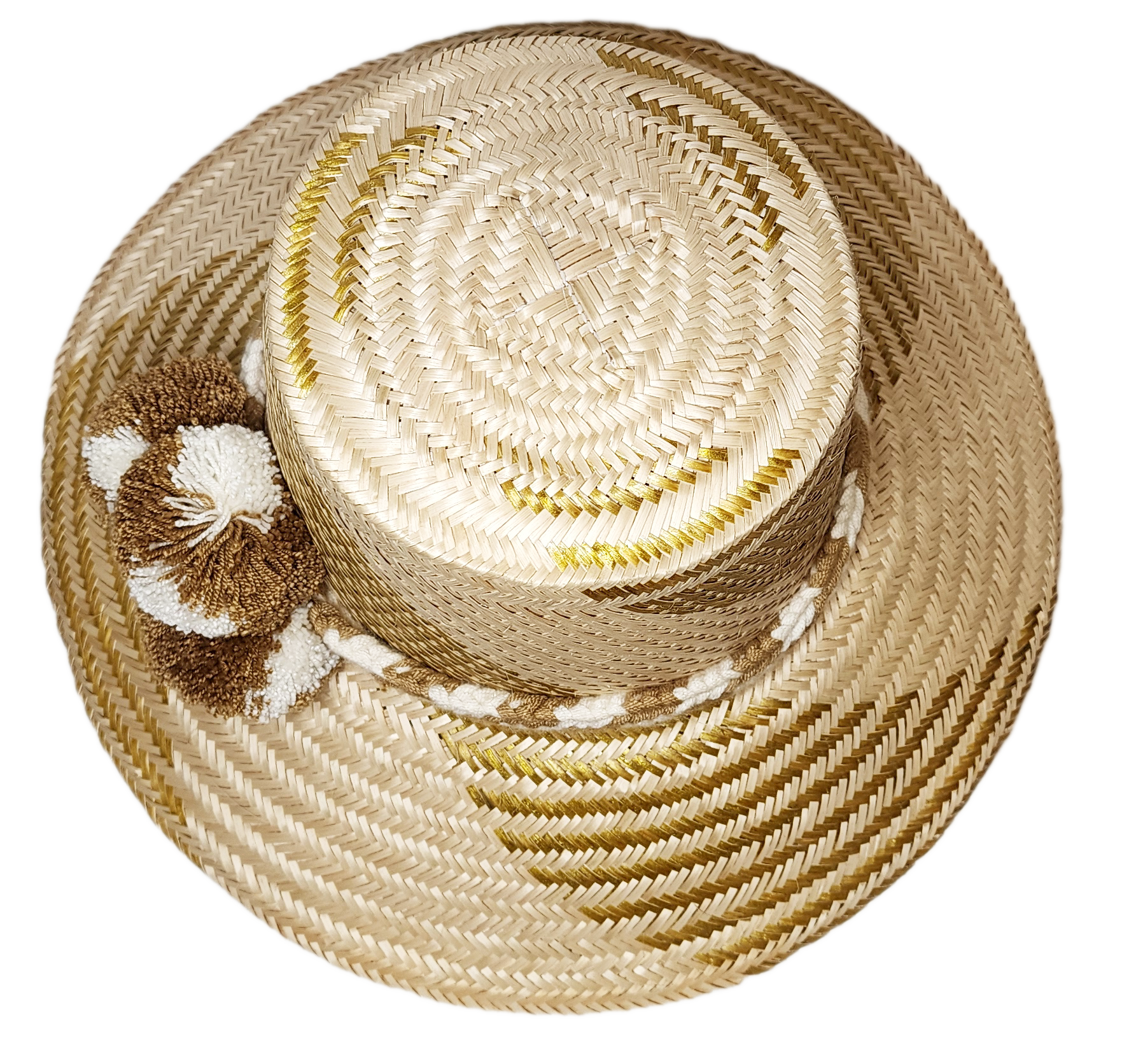 "Colorful handmade Wayuu hat crafted from Iraca palm fibers, featuring decorative pompoms and adjustable fit for various styl