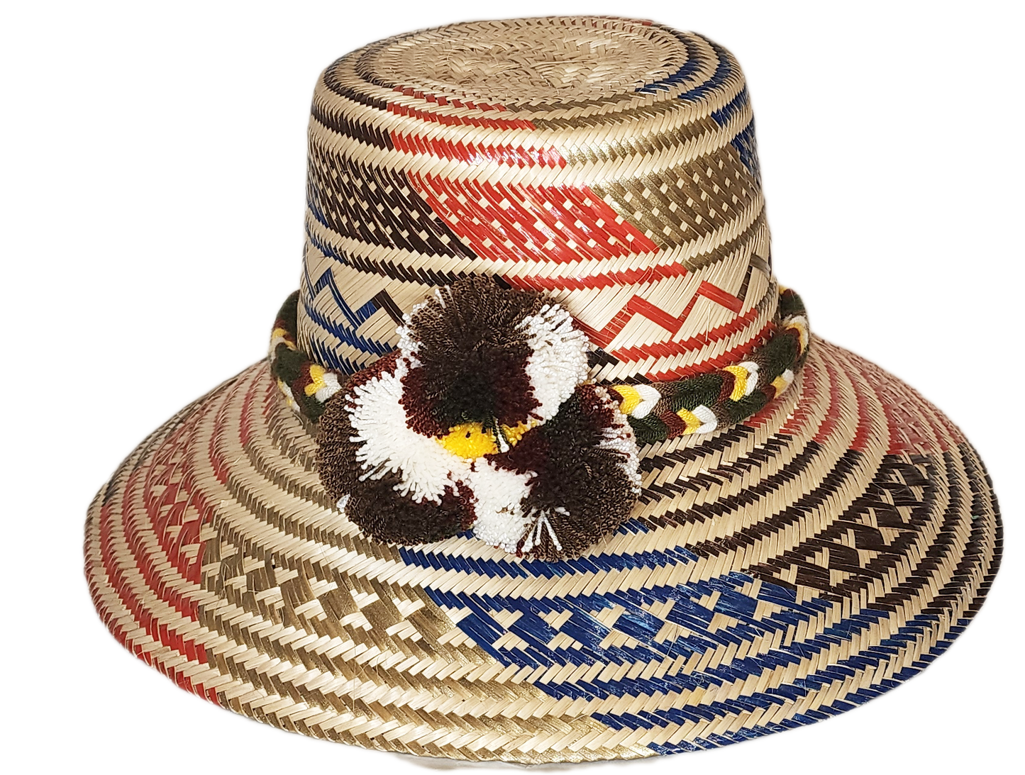 "Colorful handmade Wayuu hat, crafted from Iraca palm fibers with adjustable fit and decorative pompoms, symbolizing cultural