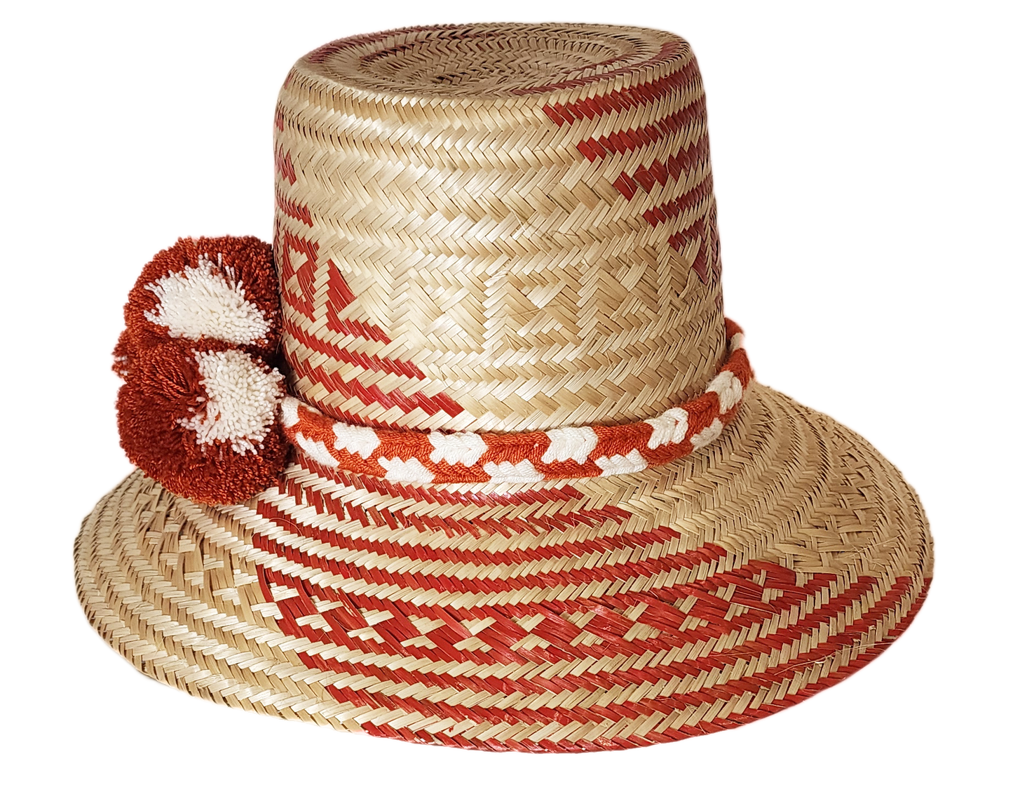"Colorful handmade Wayuu hat crafted from Iraca palm fibers with significant cultural pompoms, offering versatile styling for