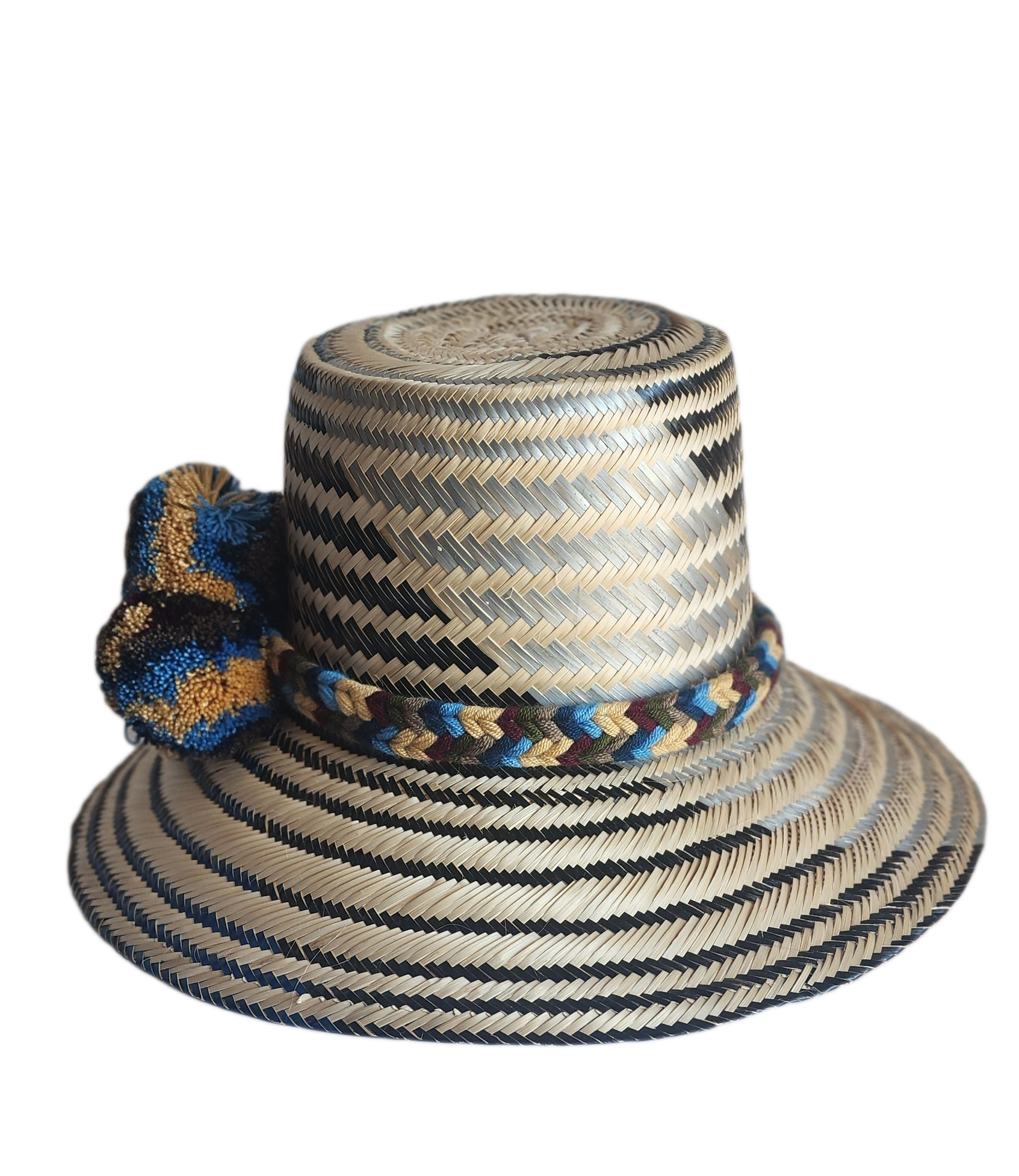"Colorful handmade Wayuu hat from Colombia and Venezuela, woven from Iraca palm fibers with cultural pompoms."
